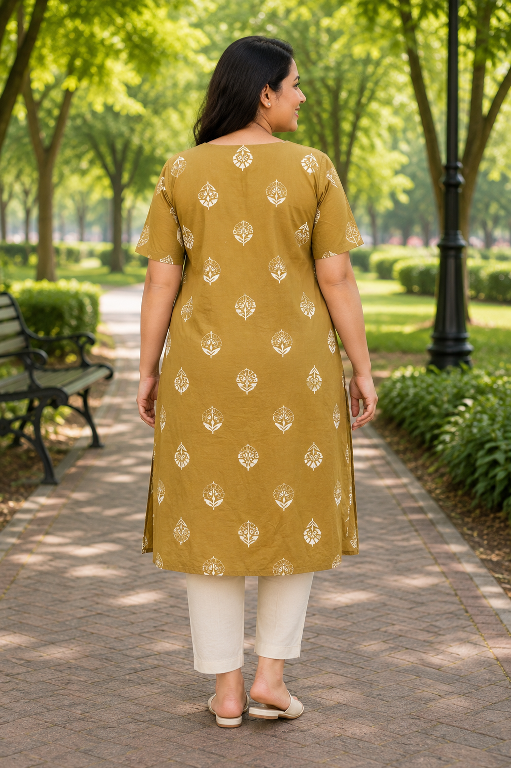 Womens Mustard Yellow color Cotton Kurti - Off White Floral Block Print, Round Neck, Elbow Sleeves, Straight Cut with Pocket