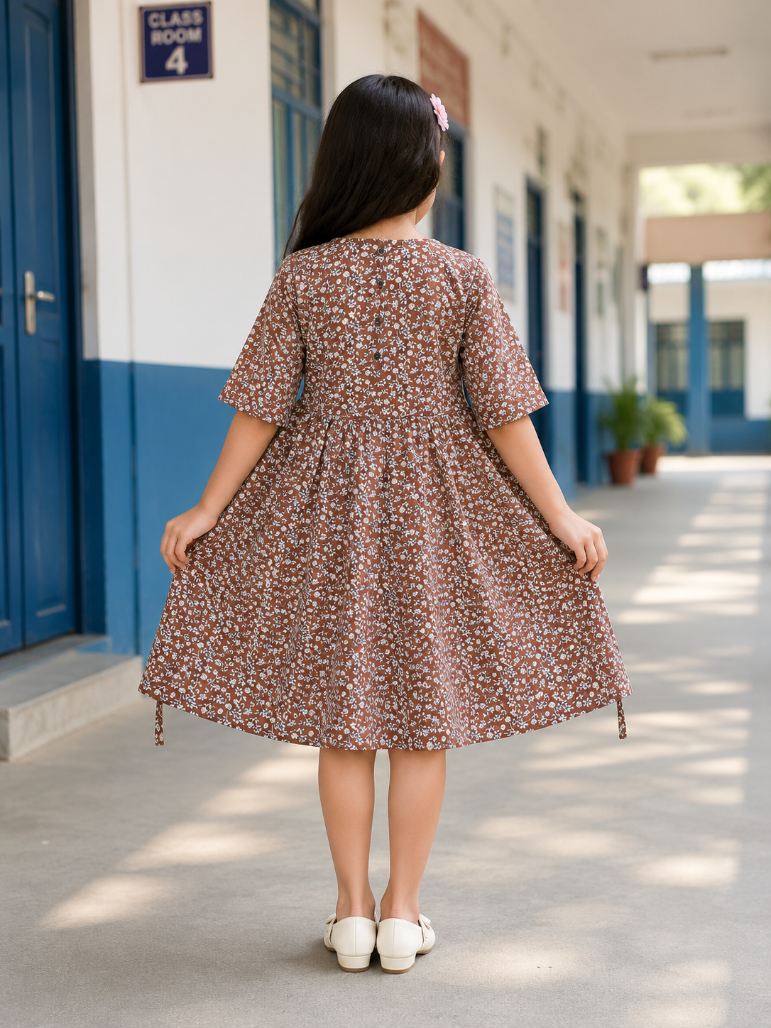 Premium Earthy Brown Ditsy Floral Kids Frock by Teen Colours
