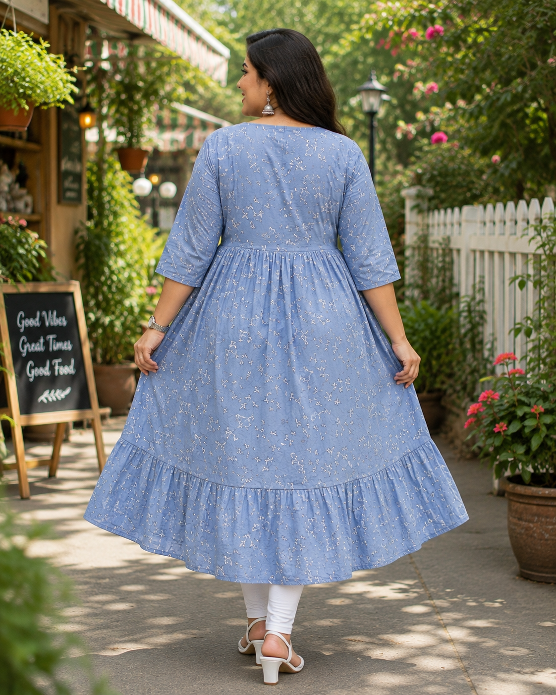 Women's Dusty Blue Printed Flared Umbrella model kurti with Elbow Sleeves