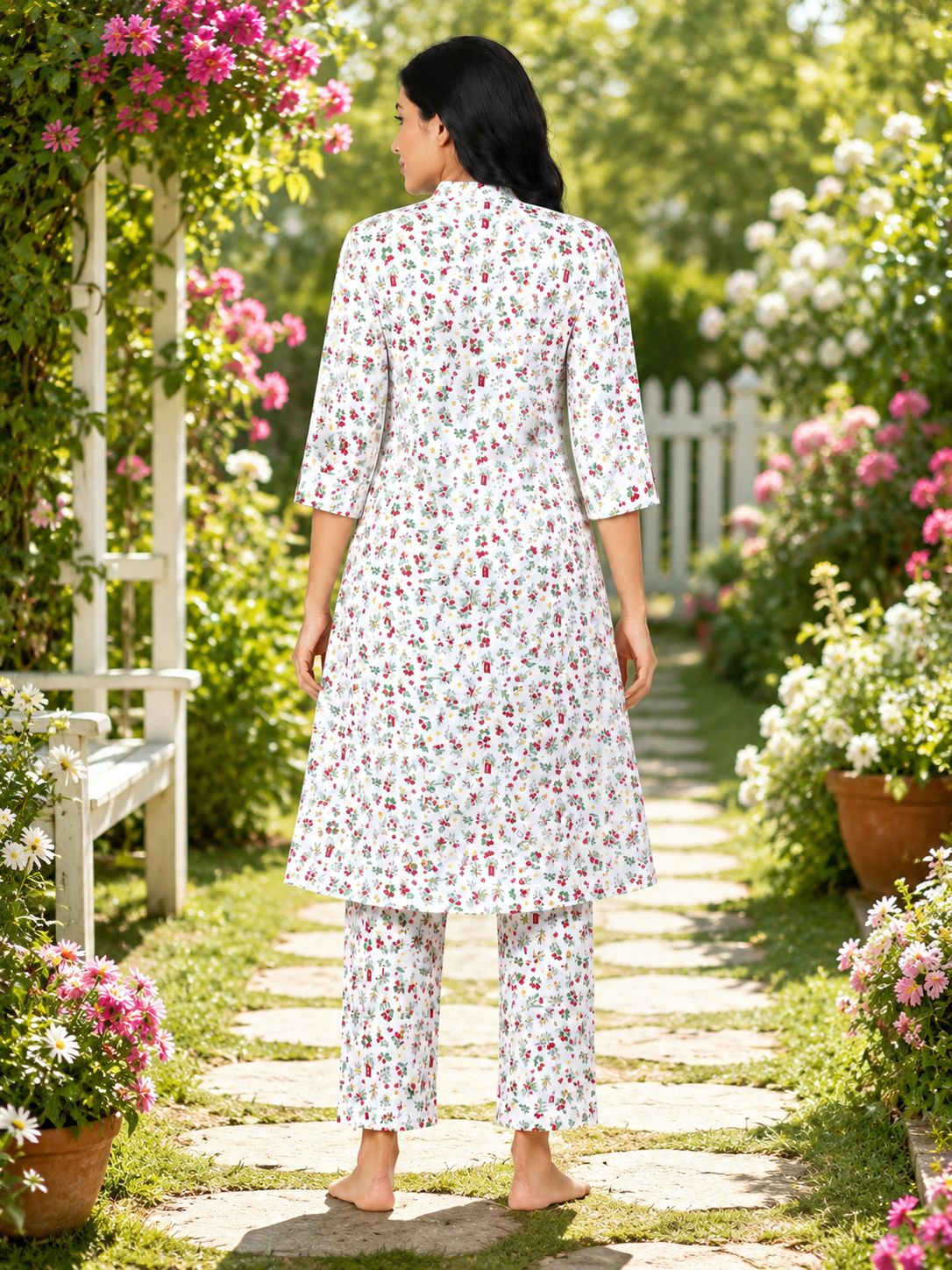 Women's Off-White Floral Print Princess Cut Kurti & Pant Co-Ord Set with Mandarin Collar and Folded Cuff Sleeves