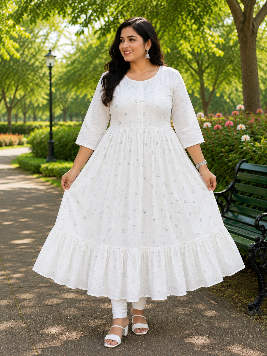 Women's's Off-White with Blue Floral Print Single Piece Two-Step Umbrella Umbrella model kurti with inner lining , Floral Print and Elbow Sleeves