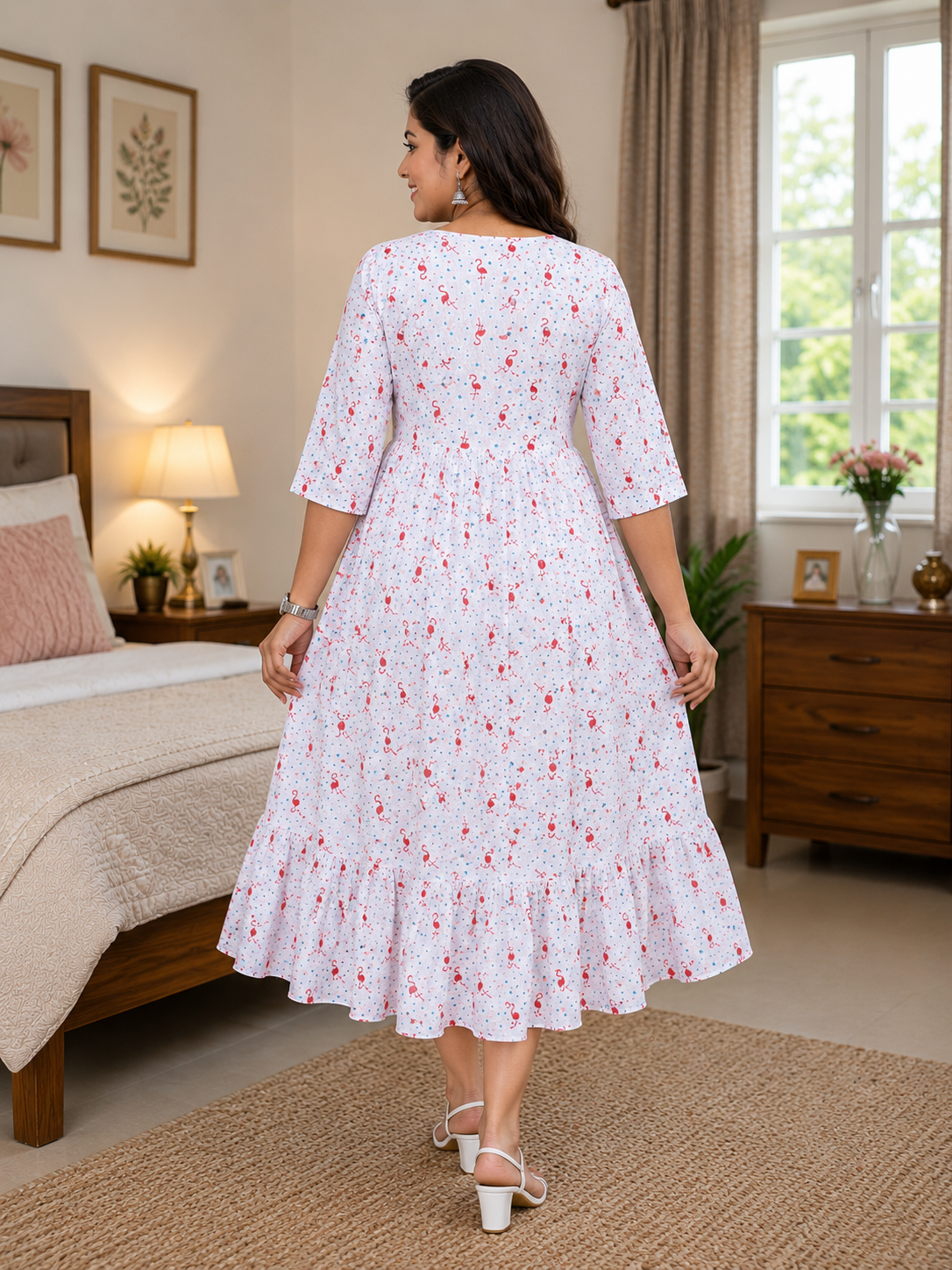 Women's Off-White with Red and Blue Print Flared Umbrella model kurti with Elbow Sleeves