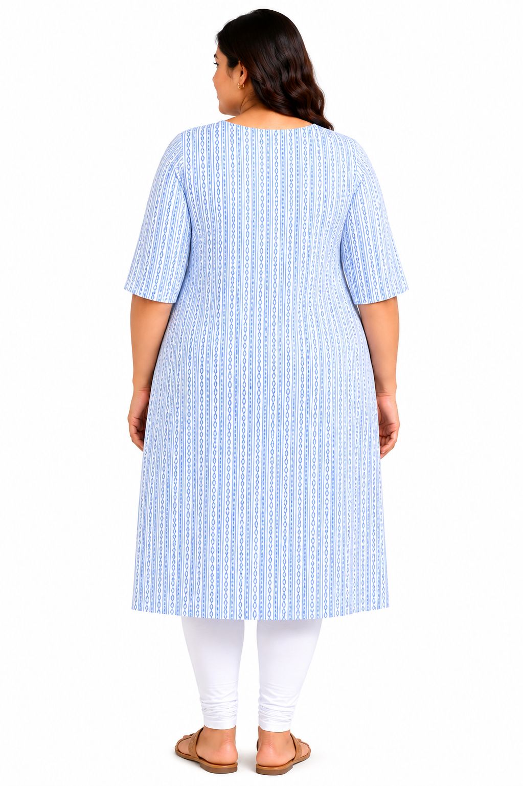 Women’s White & Sky Blue Geometric Striped Cotton Straight-Cut Kurthi with Elbow Sleeves & Pocket