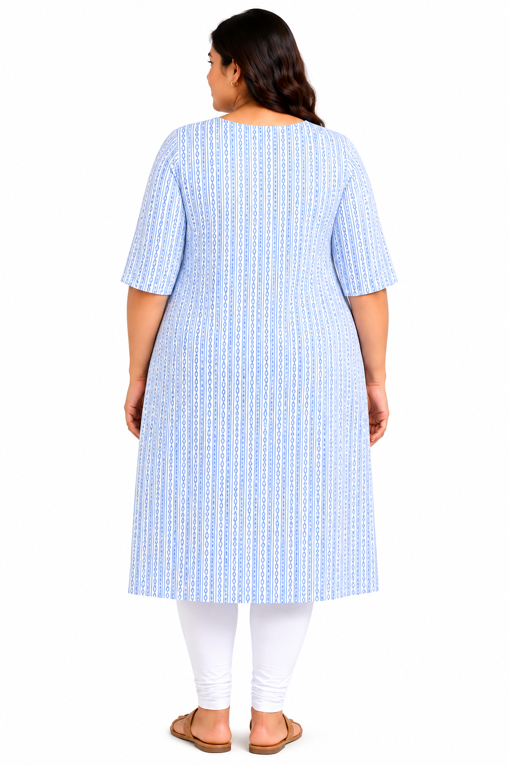 Women’s White & Sky Blue Geometric Striped Cotton Straight-Cut Kurthi with Elbow Sleeves & Pocket