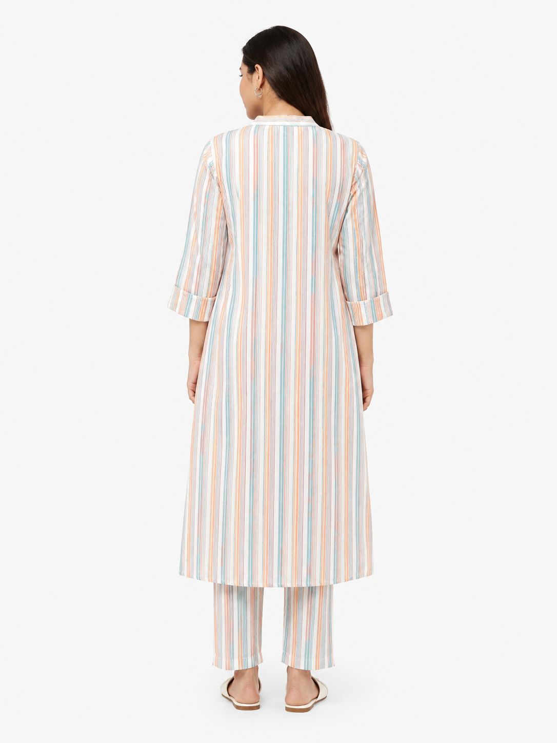 Women's Multi-Colour Striped Princess Cut Kurti & Pant Co-Ord Set with Mandarin Collar and Folded Cuff Sleeves