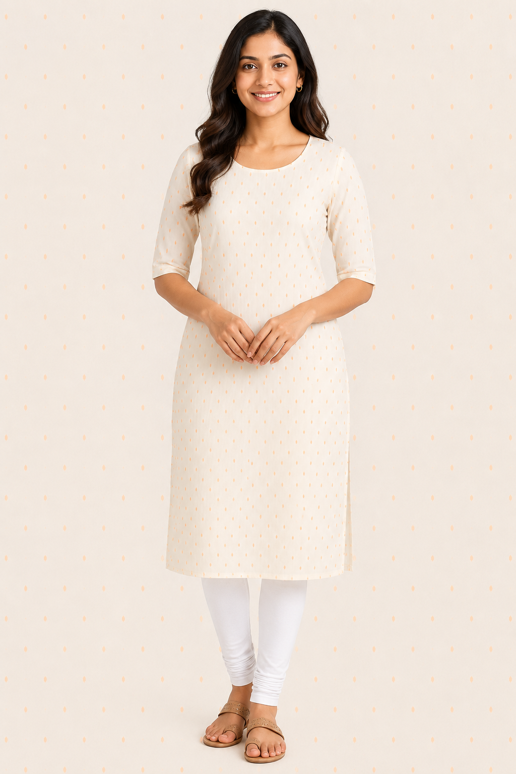 Women’s Light Cream & Orange Dotted Cotton Straight-Cut Kurthi with Elbow Sleeves & Pocket