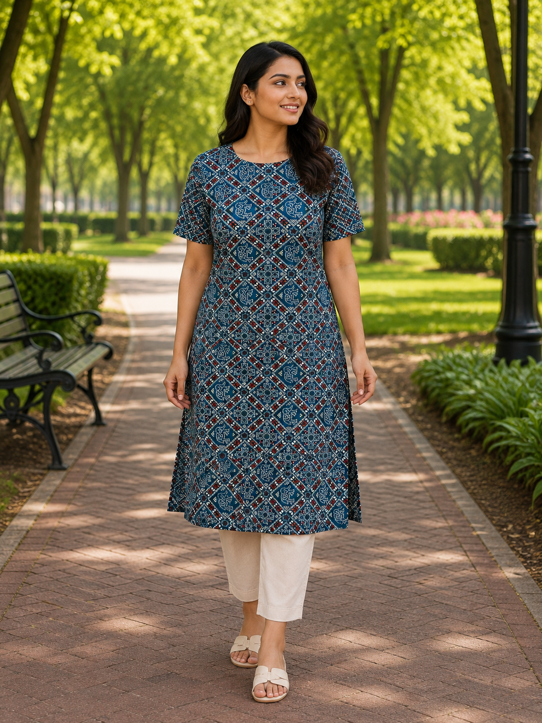 Women’s Peacock Blue Multicolour Ethnic Printed Cotton Straight-Cut Kurthi with Elbow Sleeves & Pocket