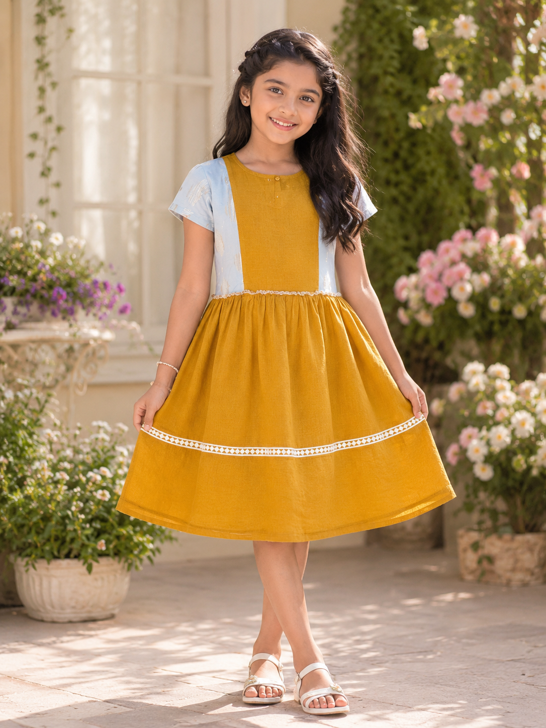 Girls Mustard Olive Georgette Flared Frock with Sky Blue Printed with short Sleeves