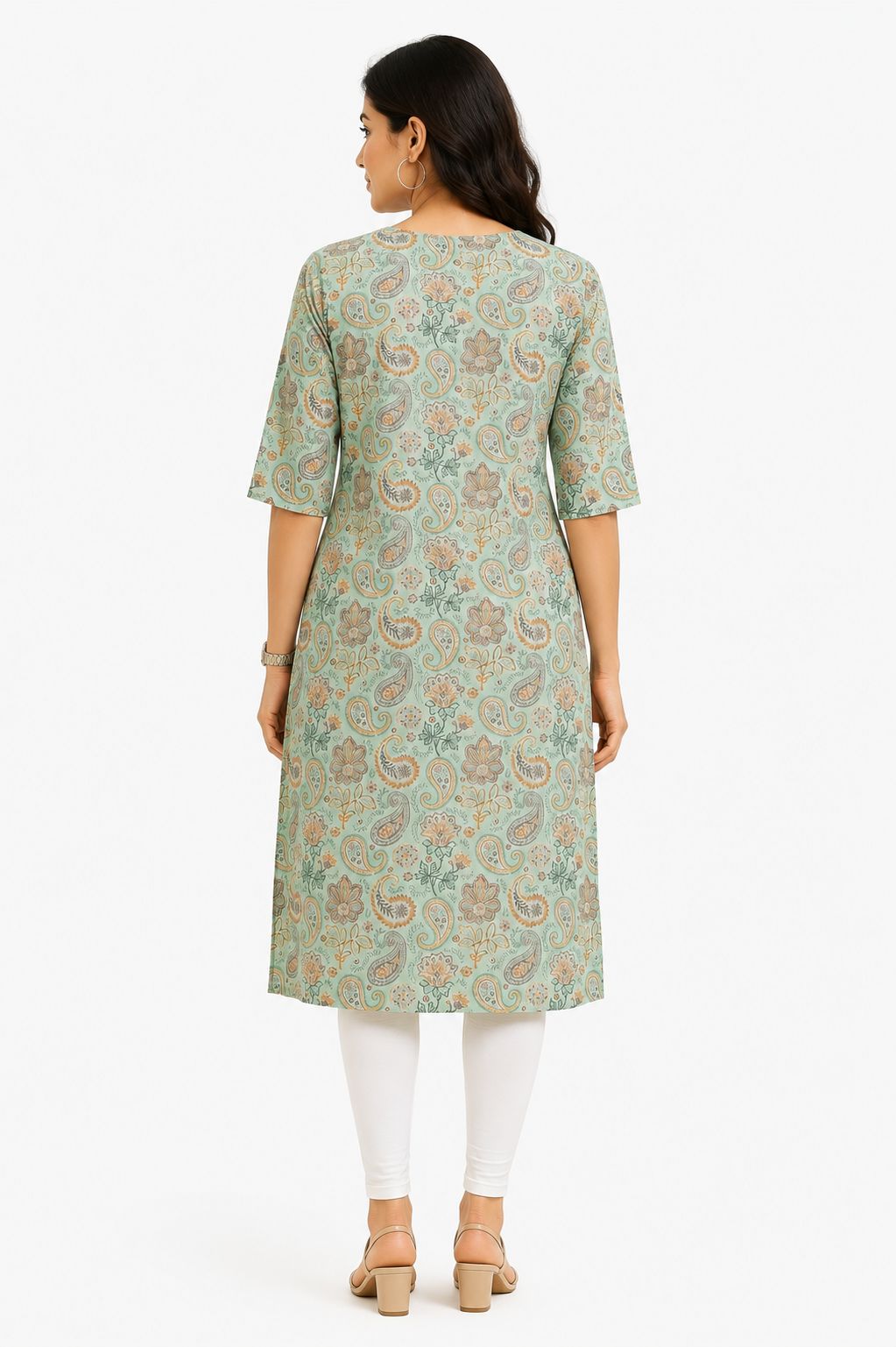Women’s Pista Green Cotton Floral Paisley Printed Straight-Cut Kurthi with Elbow Sleeves & Pocket