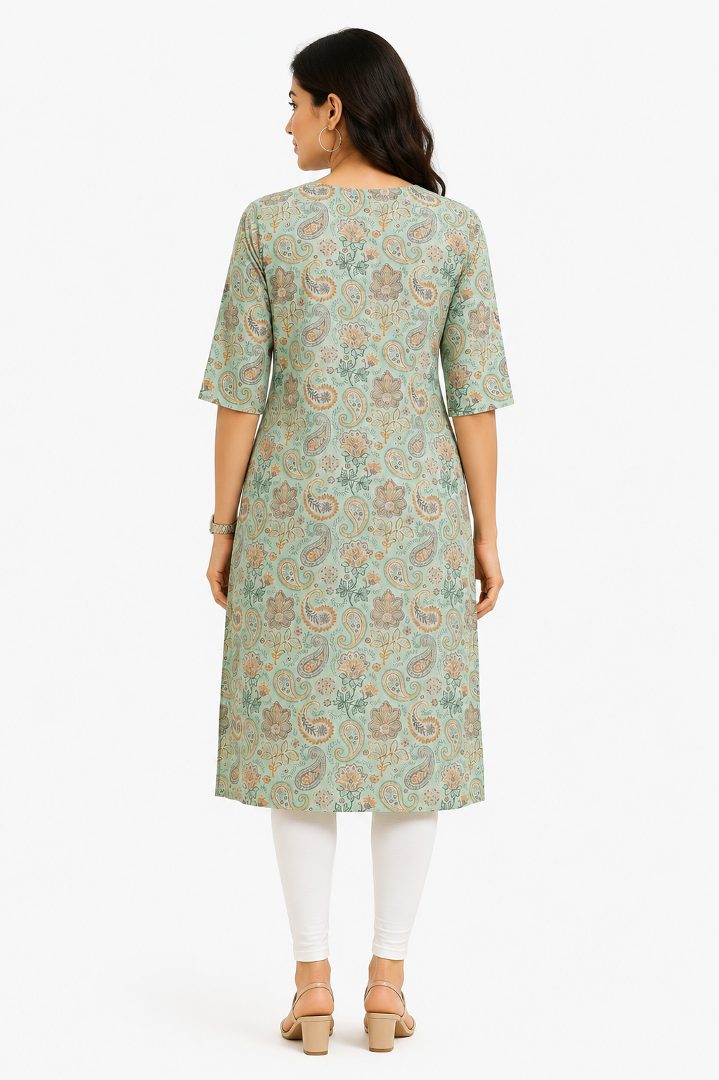 Women’s Pista Green Cotton Floral Paisley Printed Straight-Cut Kurthi with Elbow Sleeves & Pocket