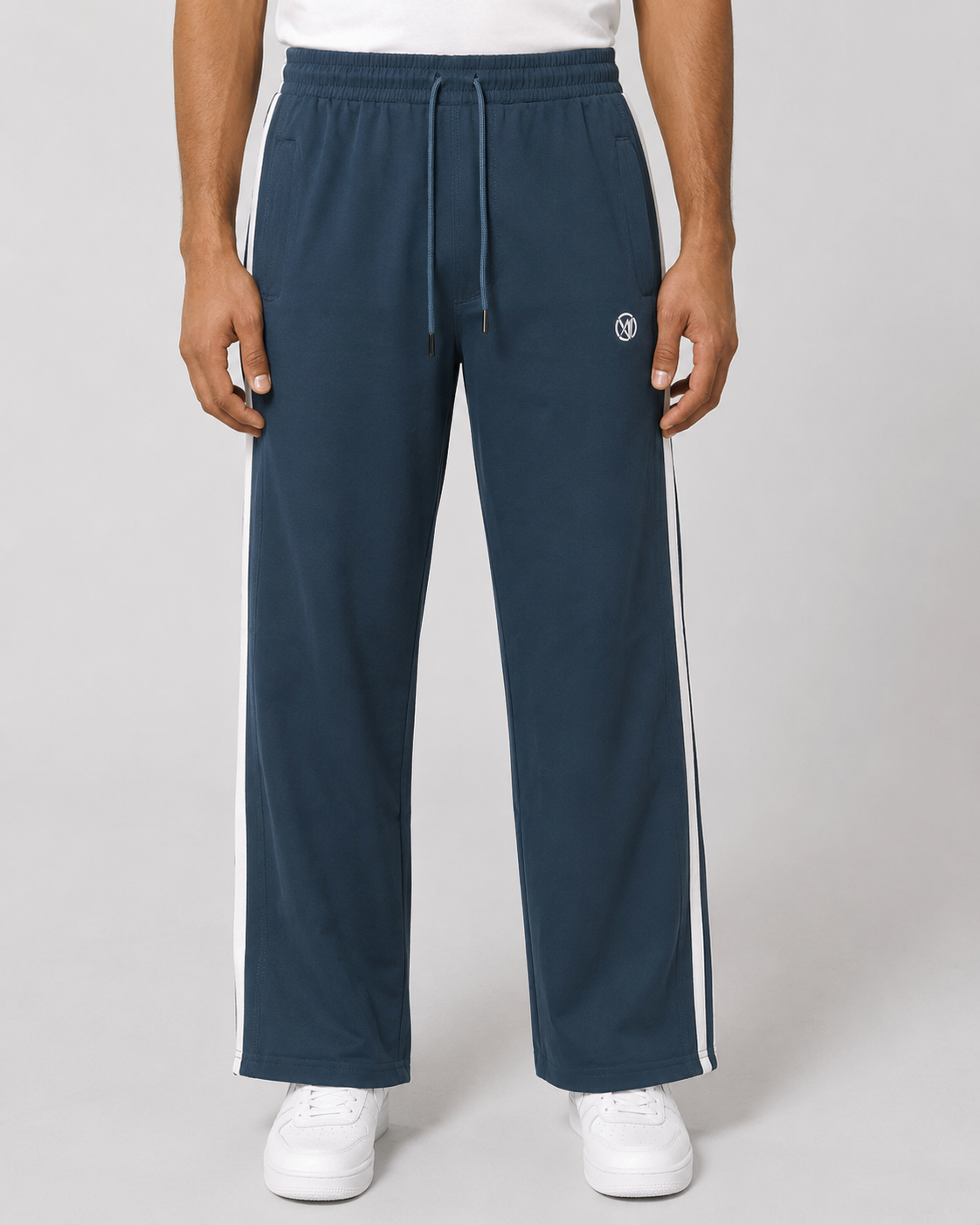 Men's Teal Blue Track Pant - White Side Stripe - 2 Zipper Pockets