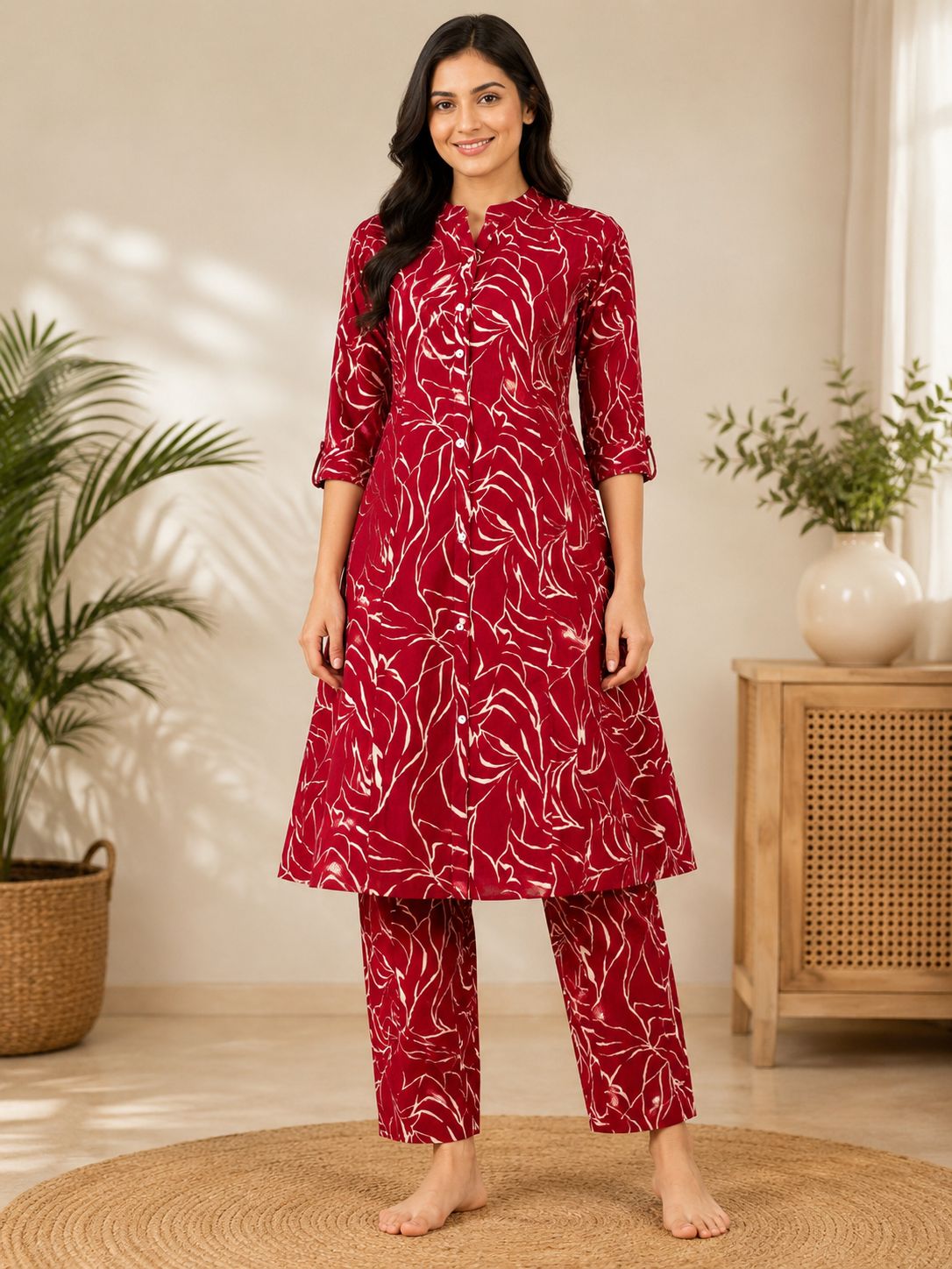 Women's maroon red & cream Princess Cut Kurti & Pant Co-Ord Set with Mandarin Collar and Folded Cuff Sleeves