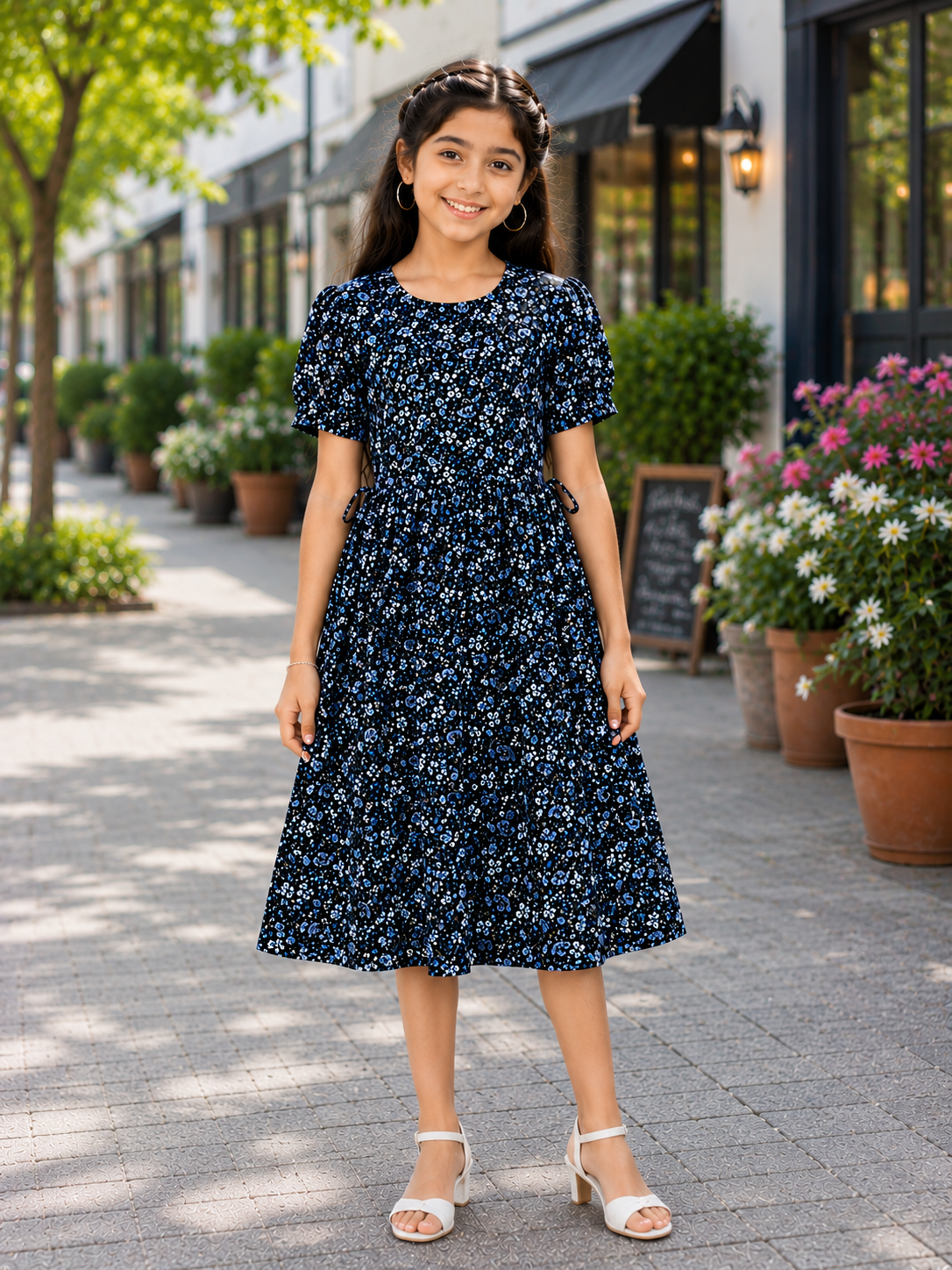 Teen Colours Navy Blue Ditsy Floral Reyon Dress for Girls