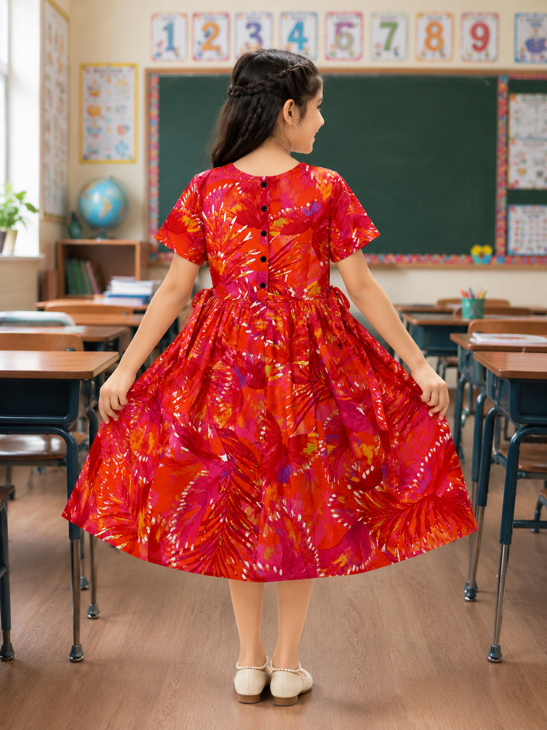 Girls' Vibrant Pink & Orange Gathered Tropical Dress