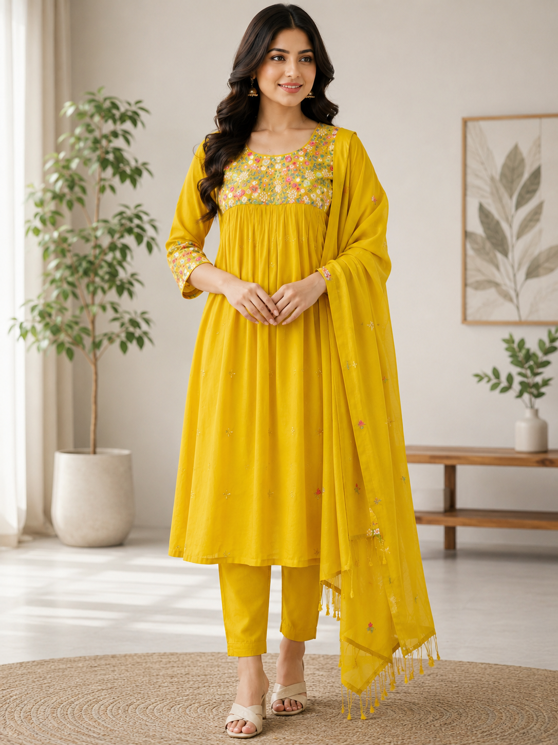 Vibrant Golden Yellow Embroidered Cotton 3-Piece Kurti Set