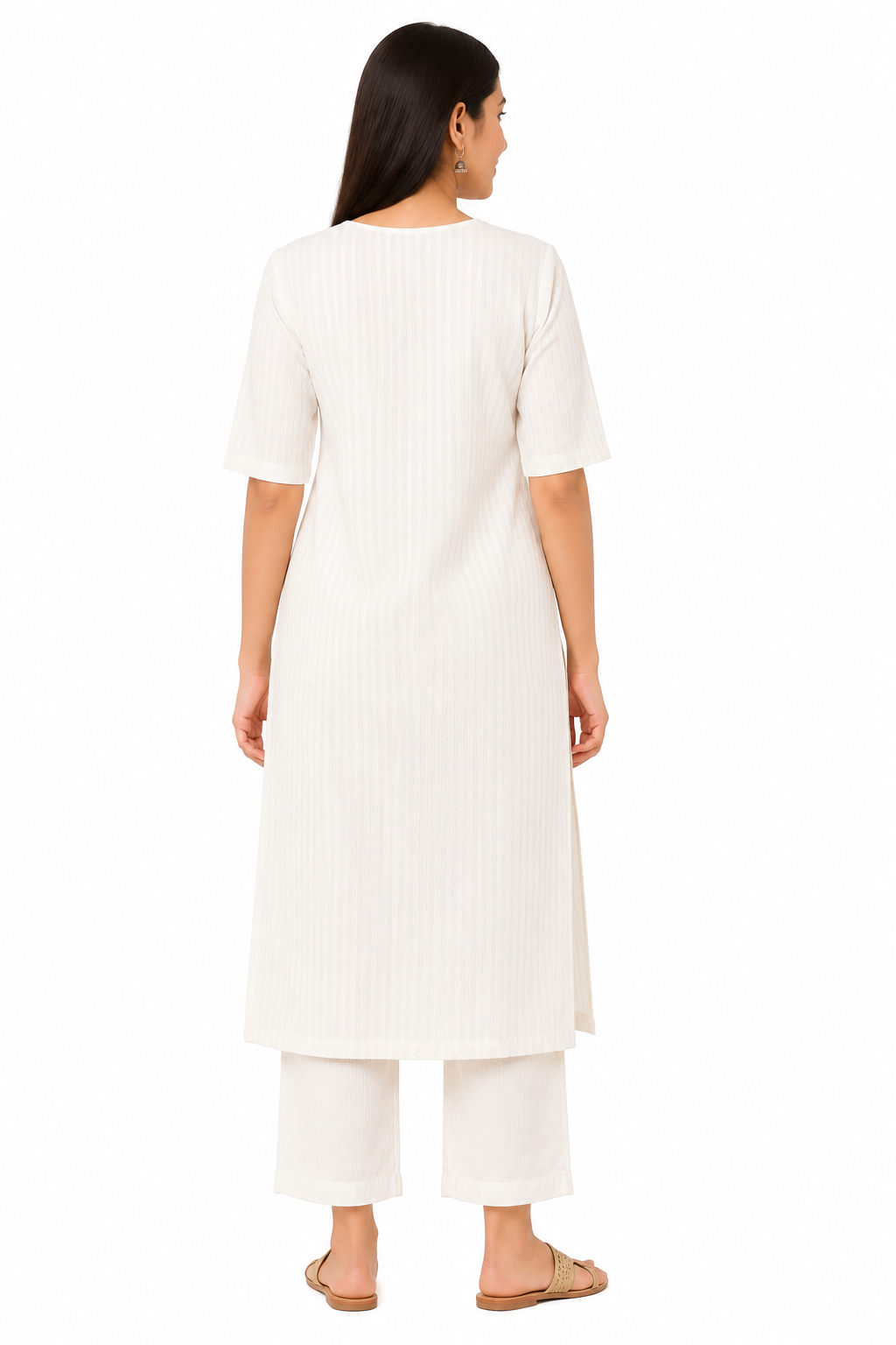 Women’s Natural Cream Textured Cotton Straight-Cut Kurthi with Elbow Sleeves & Pocket