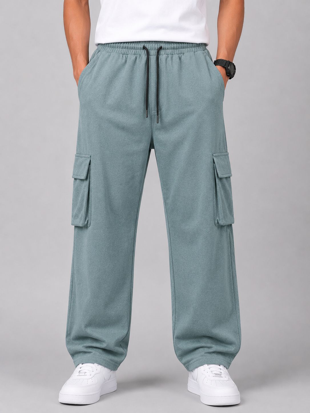 Men's Sage Green Cargo Pant - 6 Pockets - Baggy Straight Fit - Elastic Waist with Drawstring - Casual StreetweaR