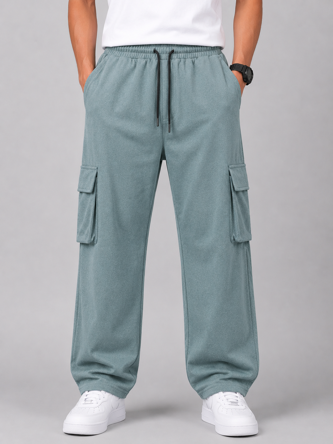 Men's Sage Green Cargo Pant - 6 Pockets - Baggy Straight Fit - Elastic Waist with Drawstring - Casual StreetweaR