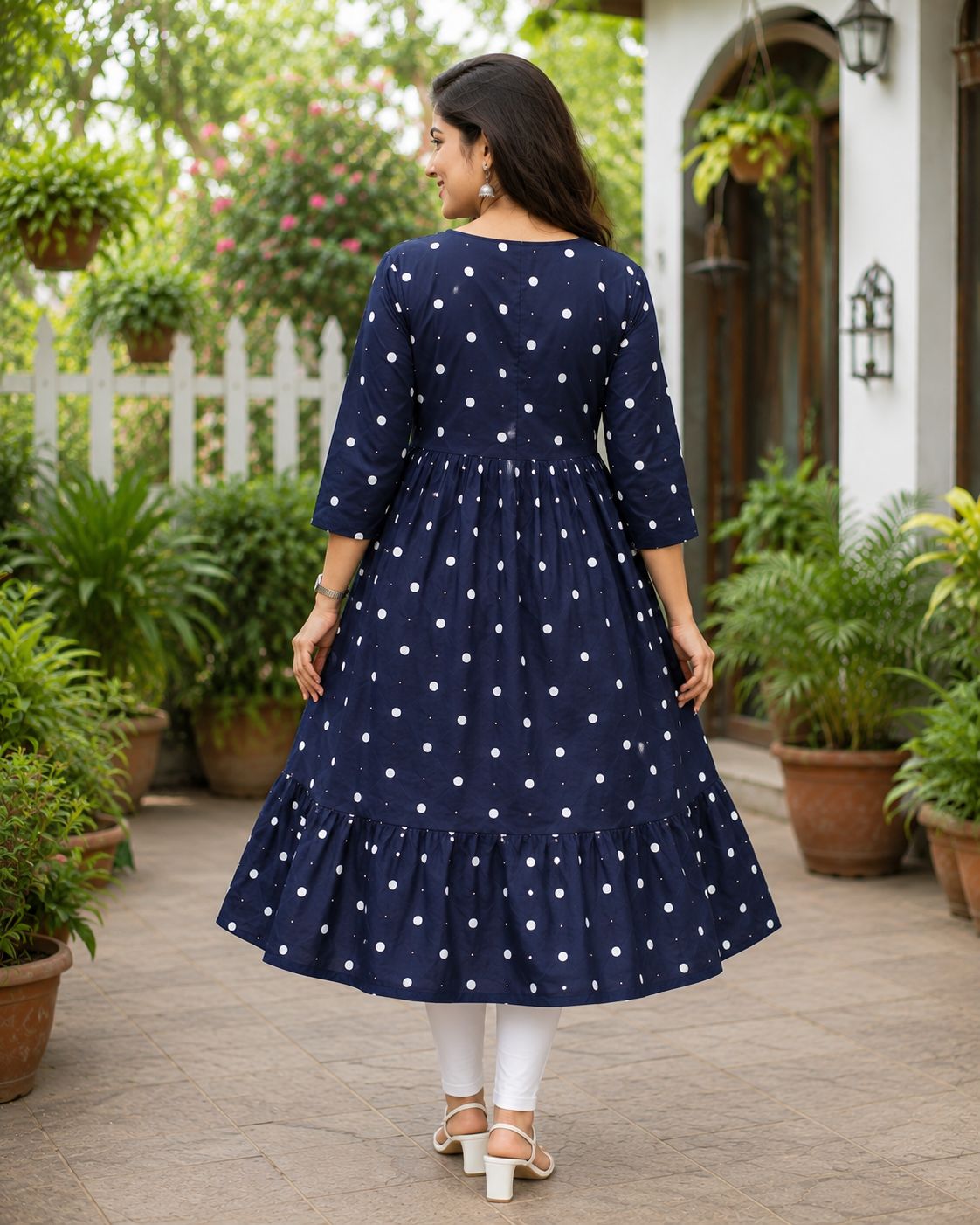 Women's Navy Blue Polka Dot Flared Umbrella model kurti with Elbow Sleeves