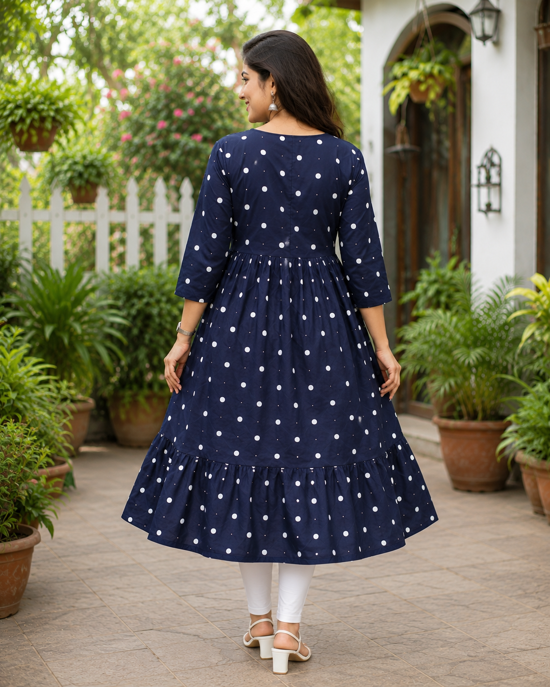 Women's Navy Blue Polka Dot Flared Umbrella model kurti with Elbow Sleeves