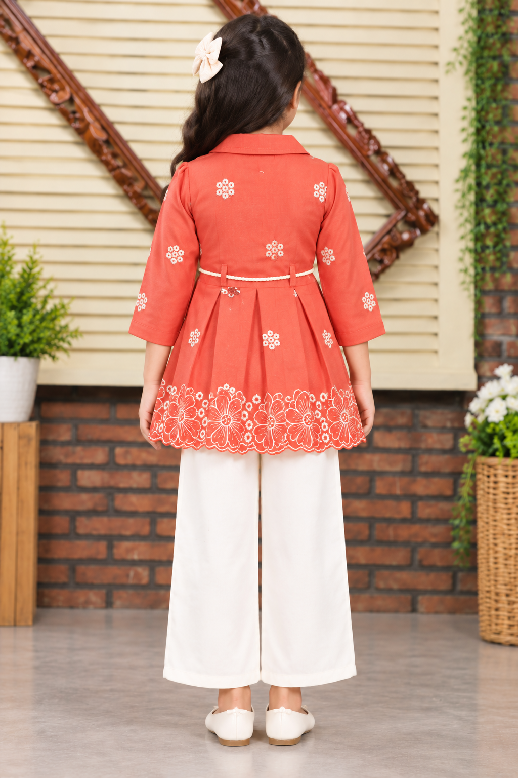 Girls Rust Orange Floral Embroidered Dress with Cream Leggings