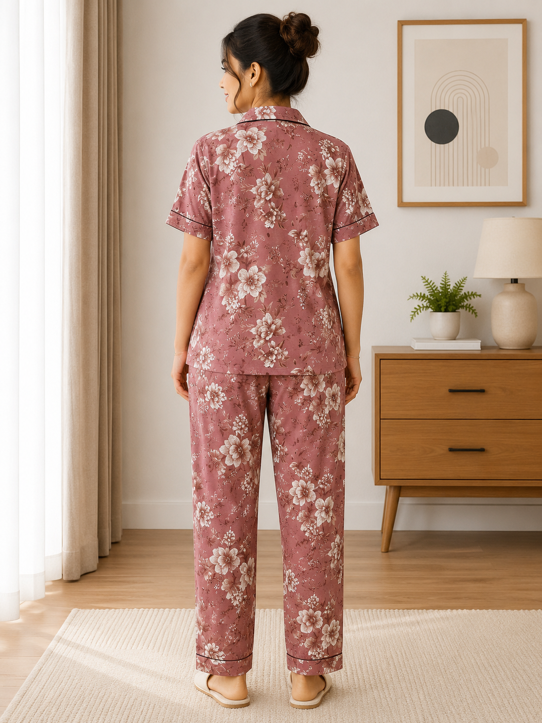 Premium Alfain Brick Red Vintage Floral Co-ord Set,With Button-down front, notch collar, contrast black piping, elasticated waist.