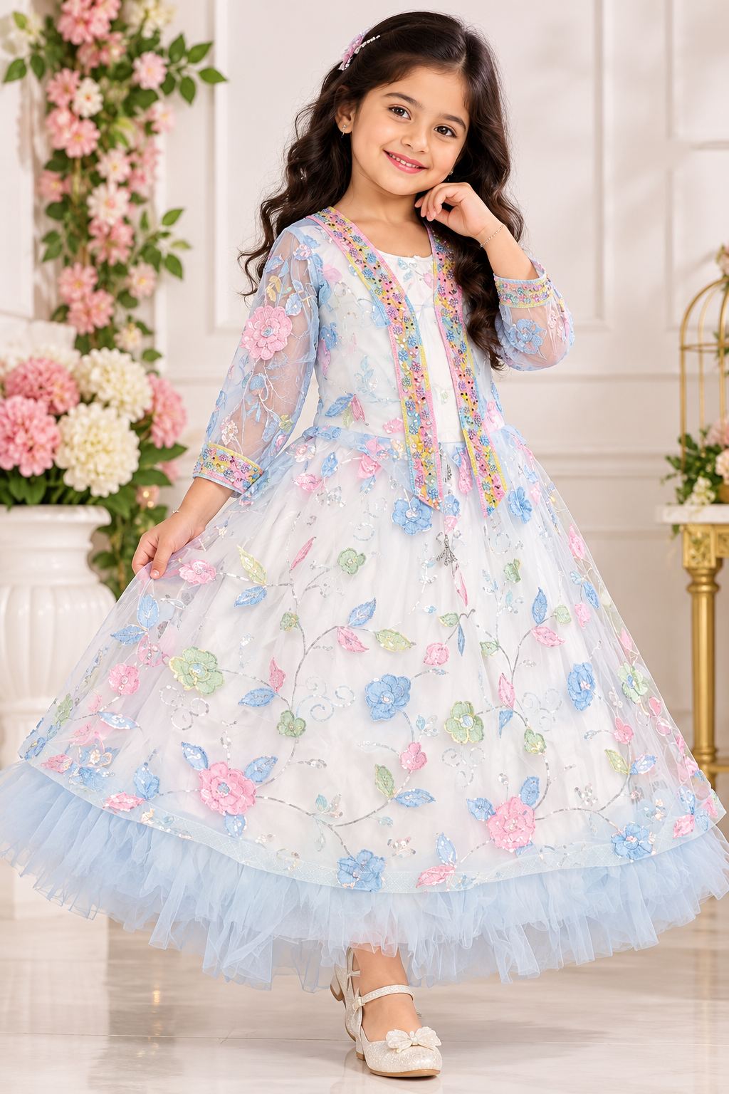 Girls White Floral Embellished Party Long Frock