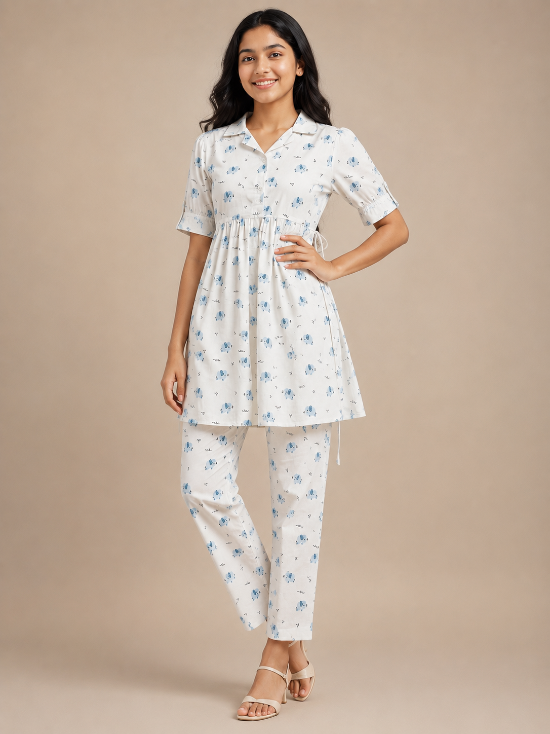 Whimsical Blue Elephant Peplum Top & Pants Co-Ord Set