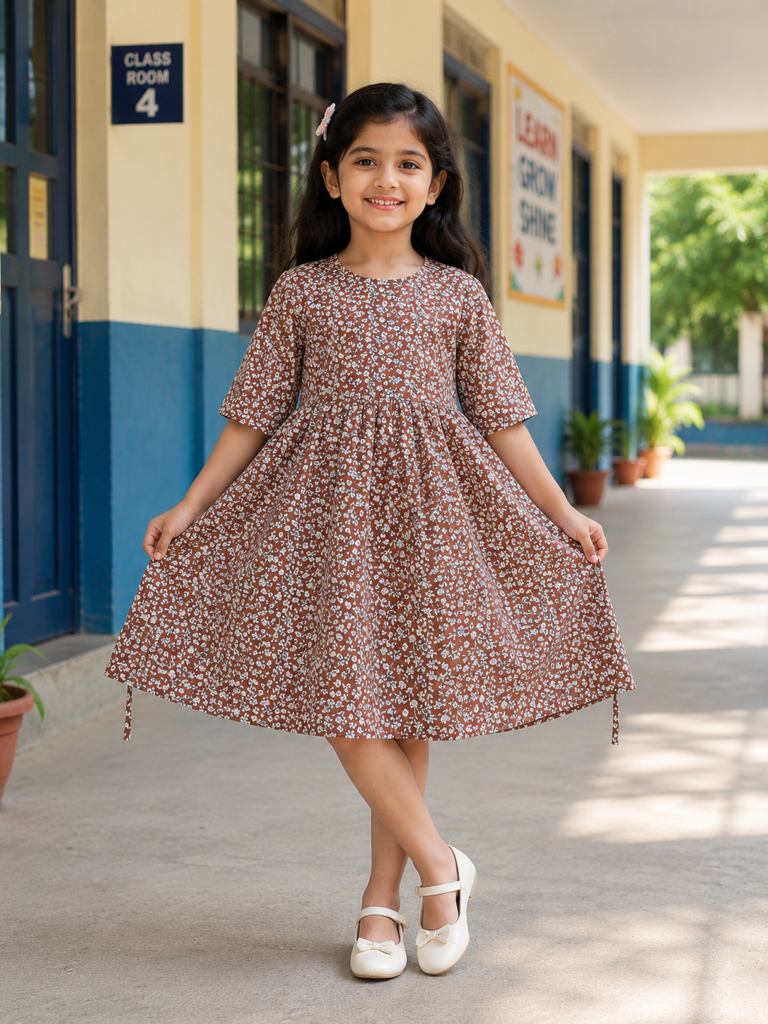 Premium Earthy Brown Ditsy Floral Kids Frock by Teen Colours