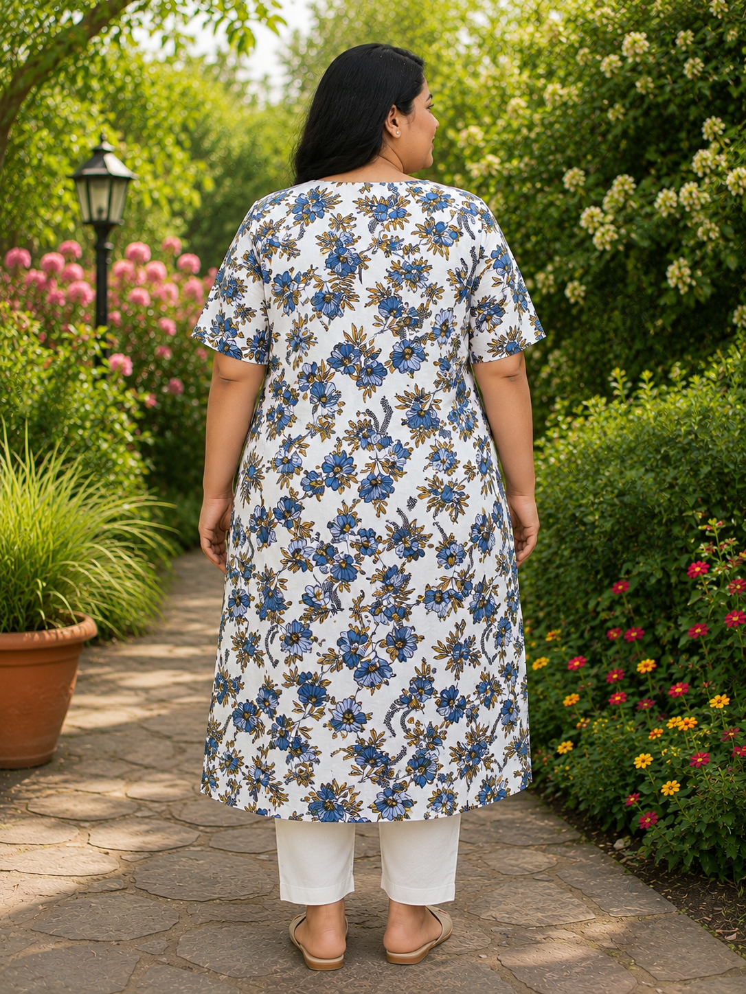 Womens White color rayon Kurti - Blue and Mustard Floral Print, Round Neck, Elbow Sleeves, Straight Cut with Pocket