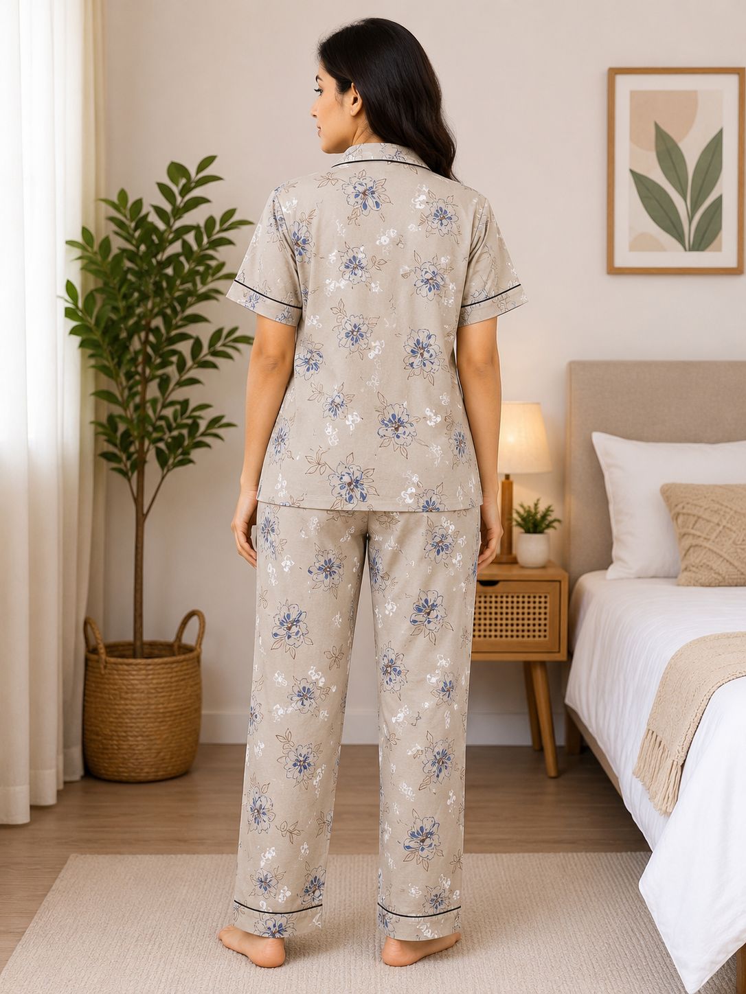 Premium Alfain Sand Beige Blue Floral Co-ord Set,With Button-down front, notch collar, contrast black piping, elasticated waist.