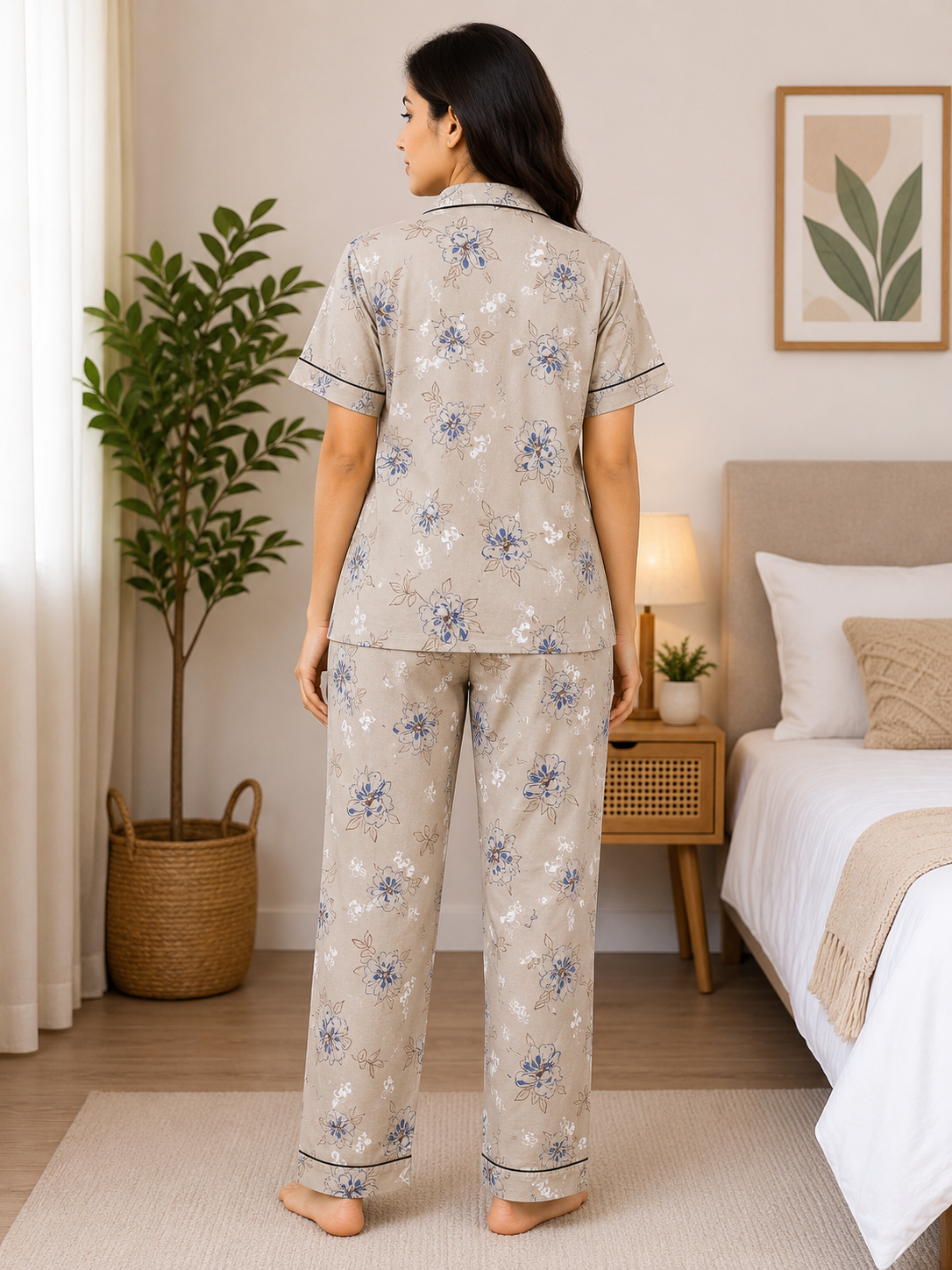 Premium Alfain Sand Beige Blue Floral Co-ord Set,With Button-down front, notch collar, contrast black piping, elasticated waist.