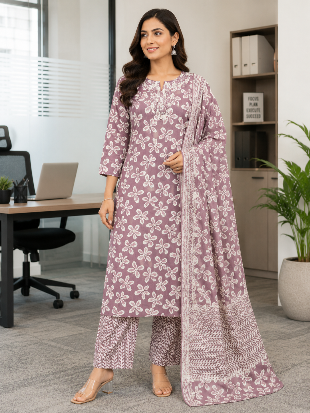 Elegant Mauve and White Floral Printed Cotton 3-Piece Kurti Set