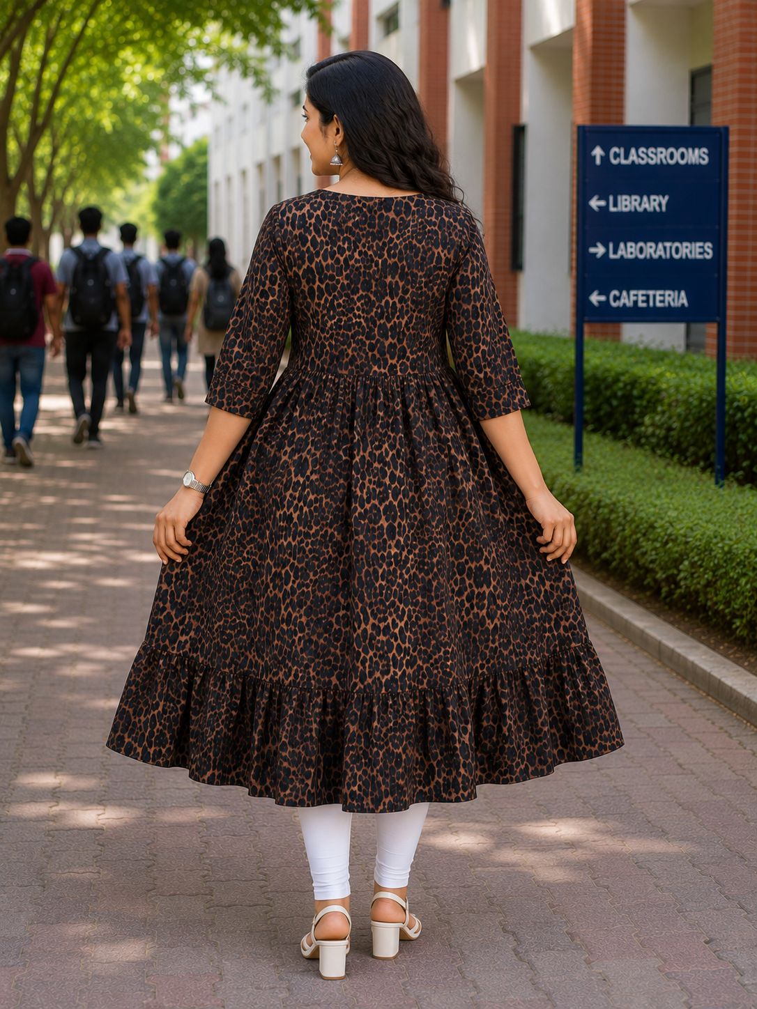Women's Camel Brown and Black Animal Print Flared Umbrella model kurti with Elbow Sleeves