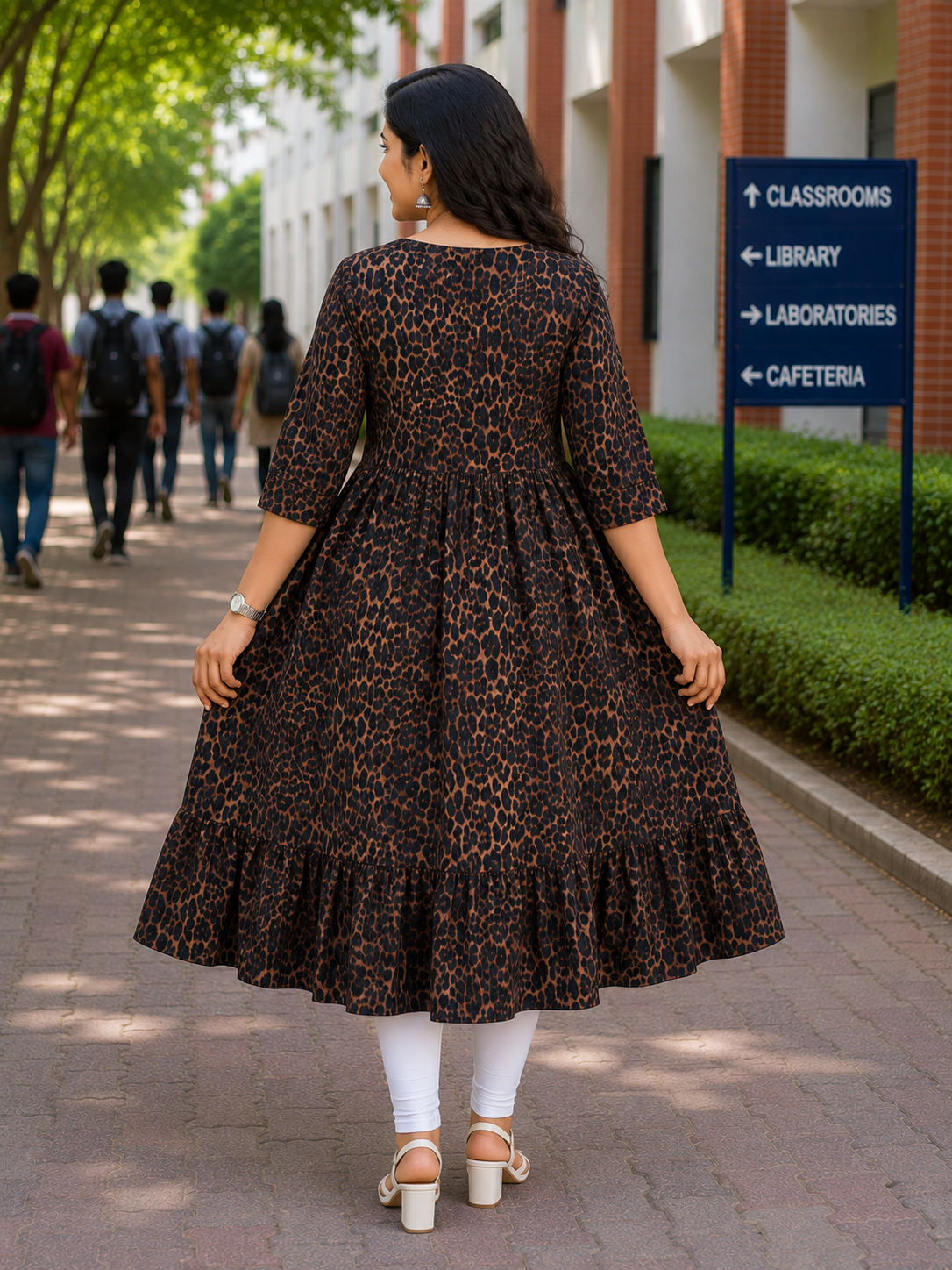 Women's Camel Brown and Black Animal Print Flared Umbrella model kurti with Elbow Sleeves