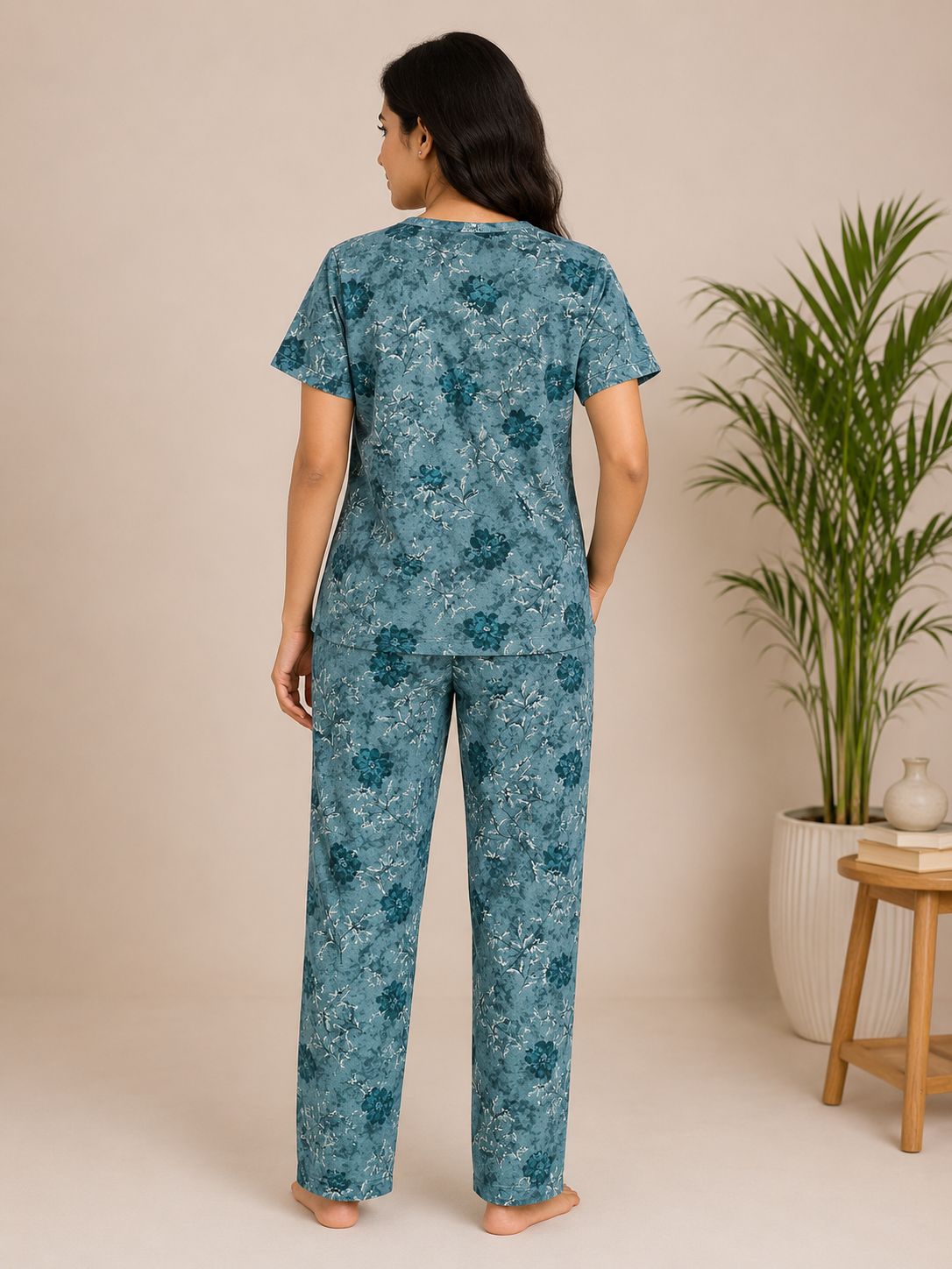 Women's Premium Royal Blue Cotton Floral Print Elastic Waist Night Suit with Side Slit Top & Straight Pant