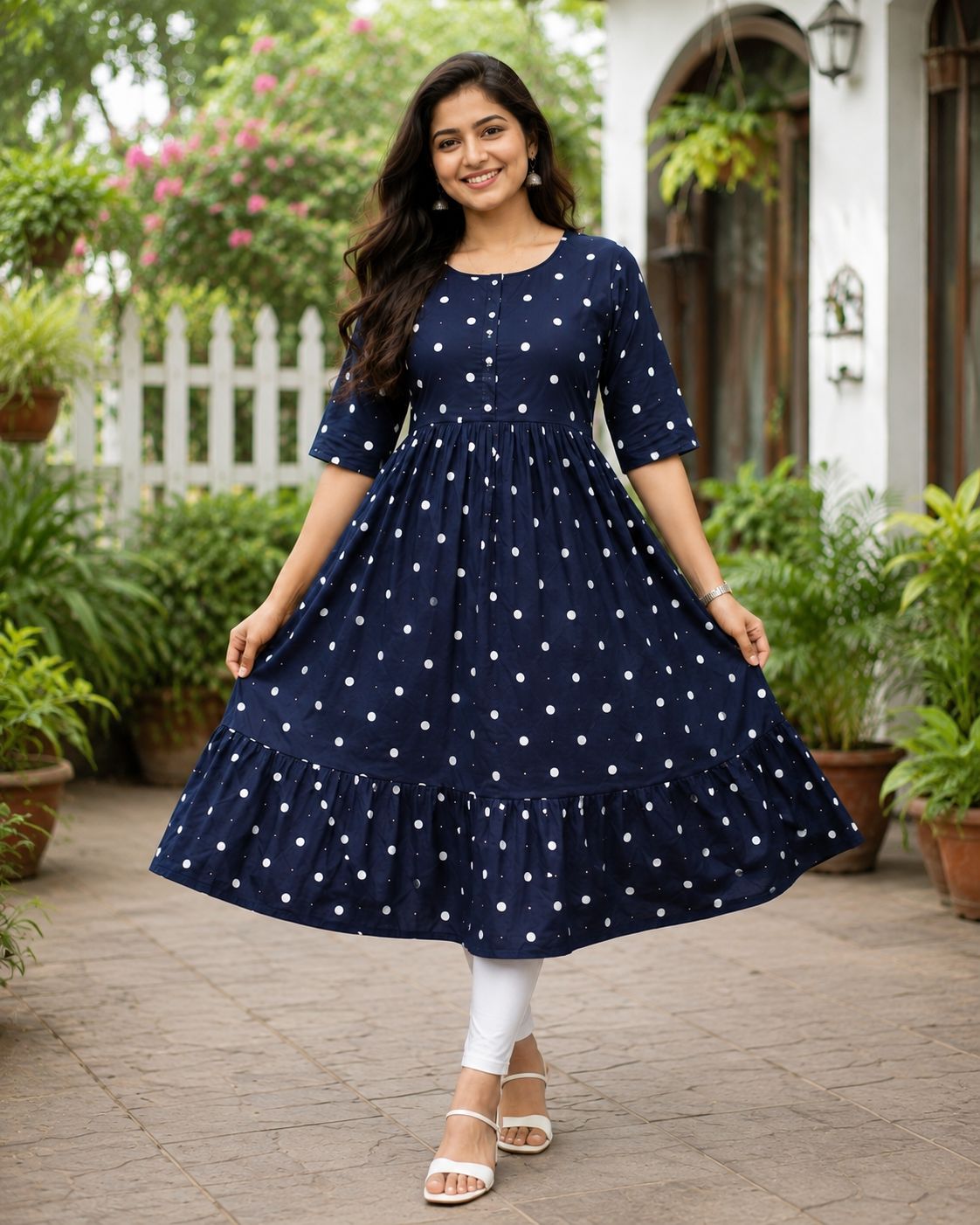 Women's Navy Blue Polka Dot Flared Umbrella model kurti with Elbow Sleeves