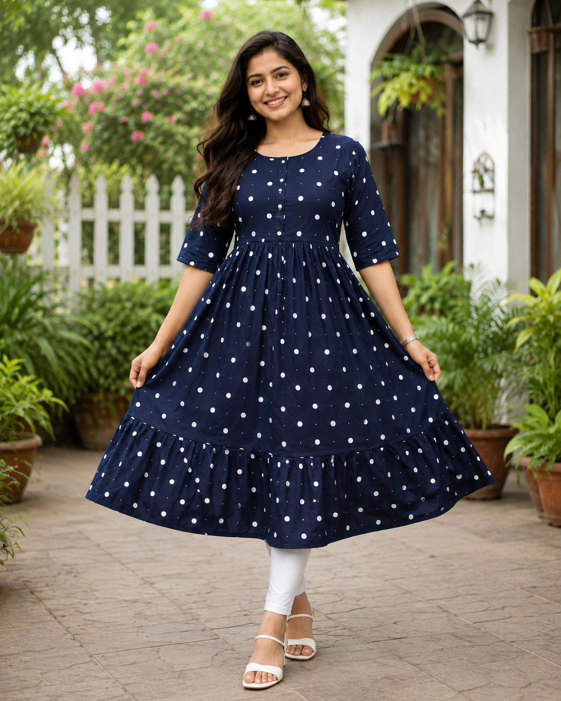 Women's Navy Blue Polka Dot Flared Umbrella model kurti with Elbow Sleeves