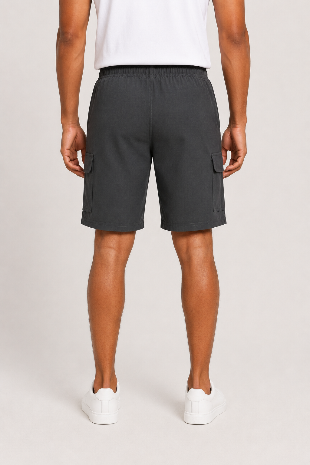 Men’s dark grey Cotton Cargo Shorts with Elastic Waist & Flap Pockets