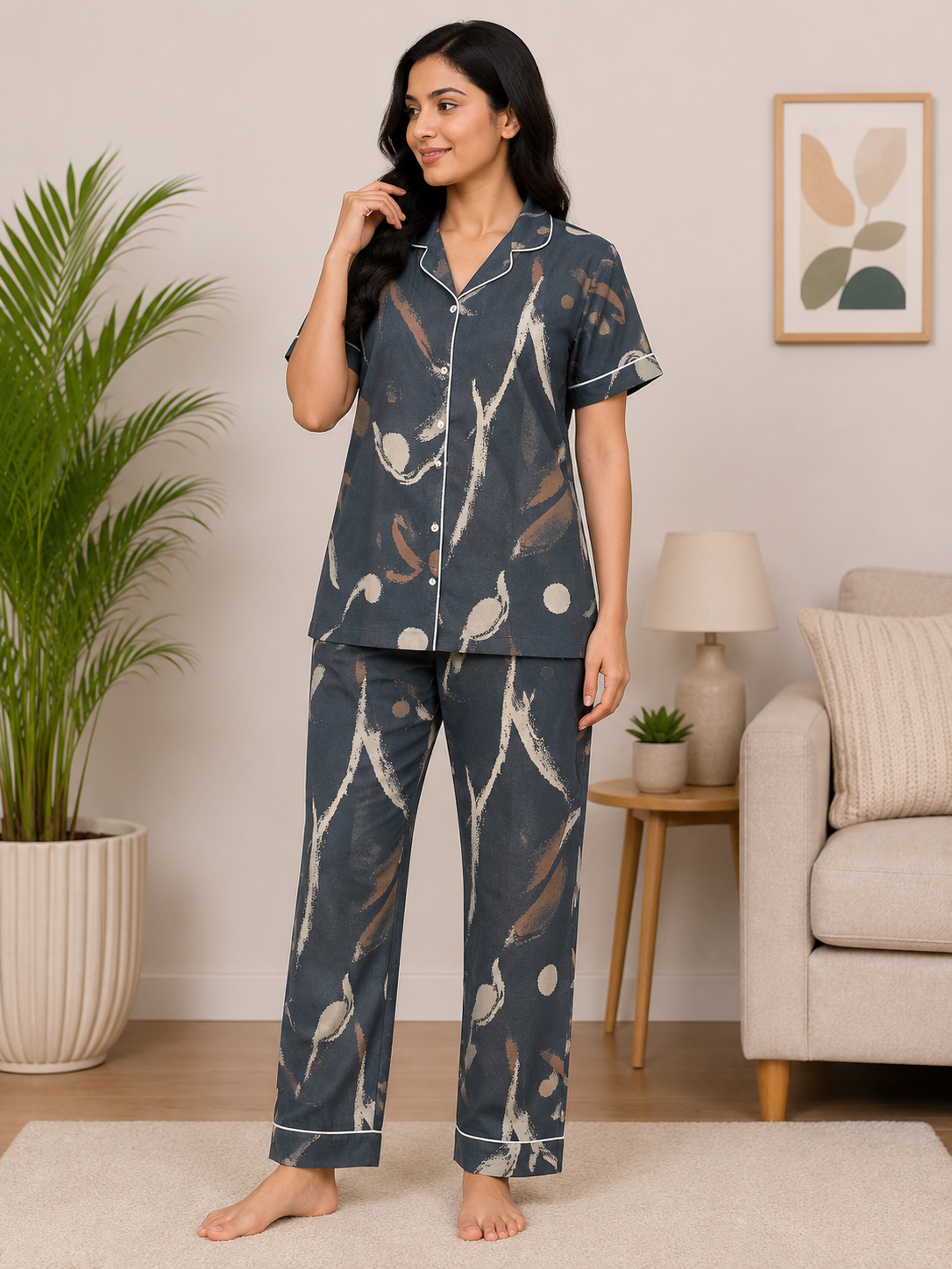 Premium Alfain Slate Grey Abstract Co-ord Set,With Button-down front, notch collar, contrast black piping, elasticated waist.