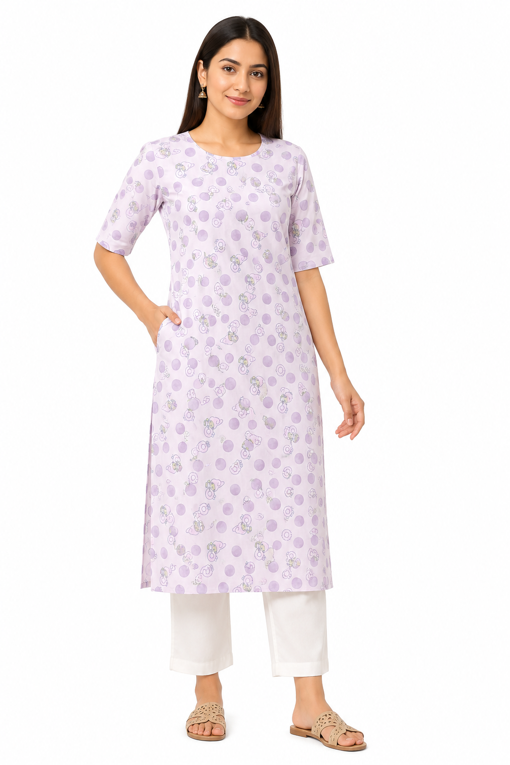 Women’s Light Pink Cute Cartoon Print Round Neck Straight Cut Kurti with Pocket