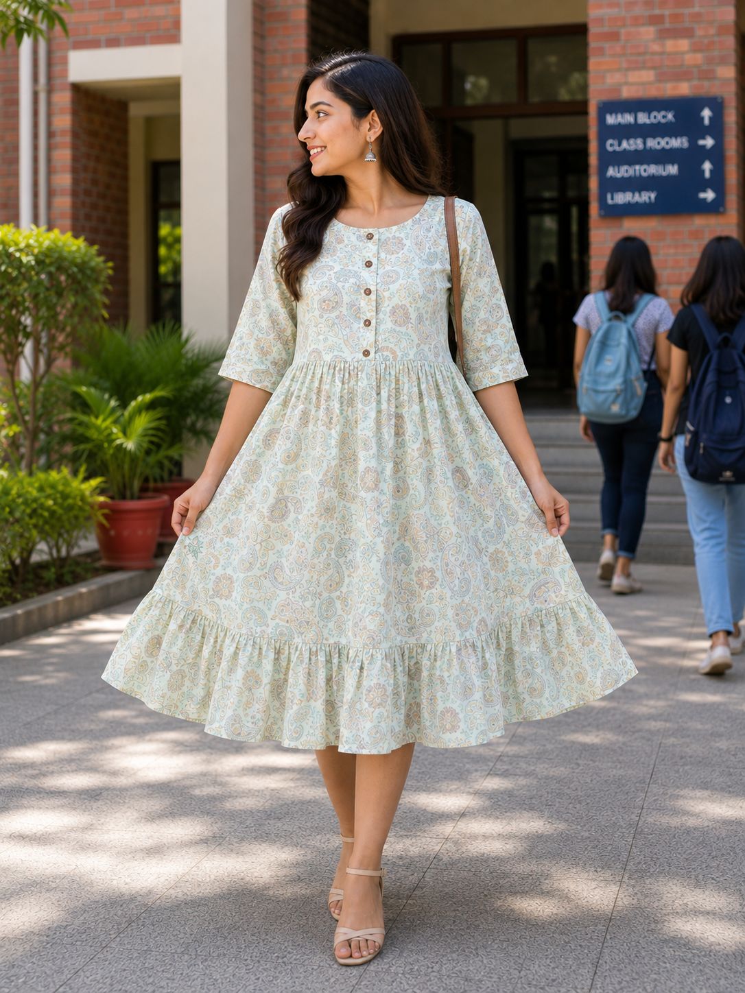 Women's Pista Green Printed Flared Umbrella model kurti with Elbow Sleeves