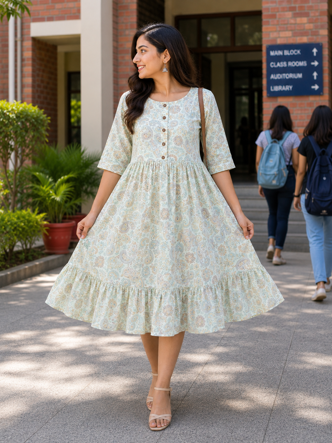 Women's Pista Green Printed Flared Umbrella model kurti with Elbow Sleeves