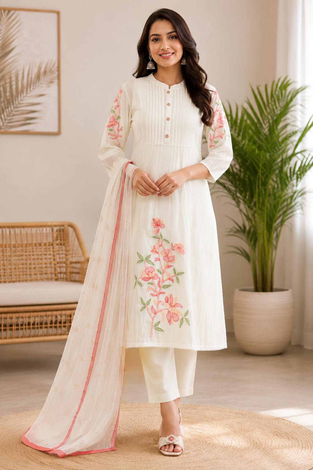 Elegant White Embroidered Cotton 3-Piece Kurti Set