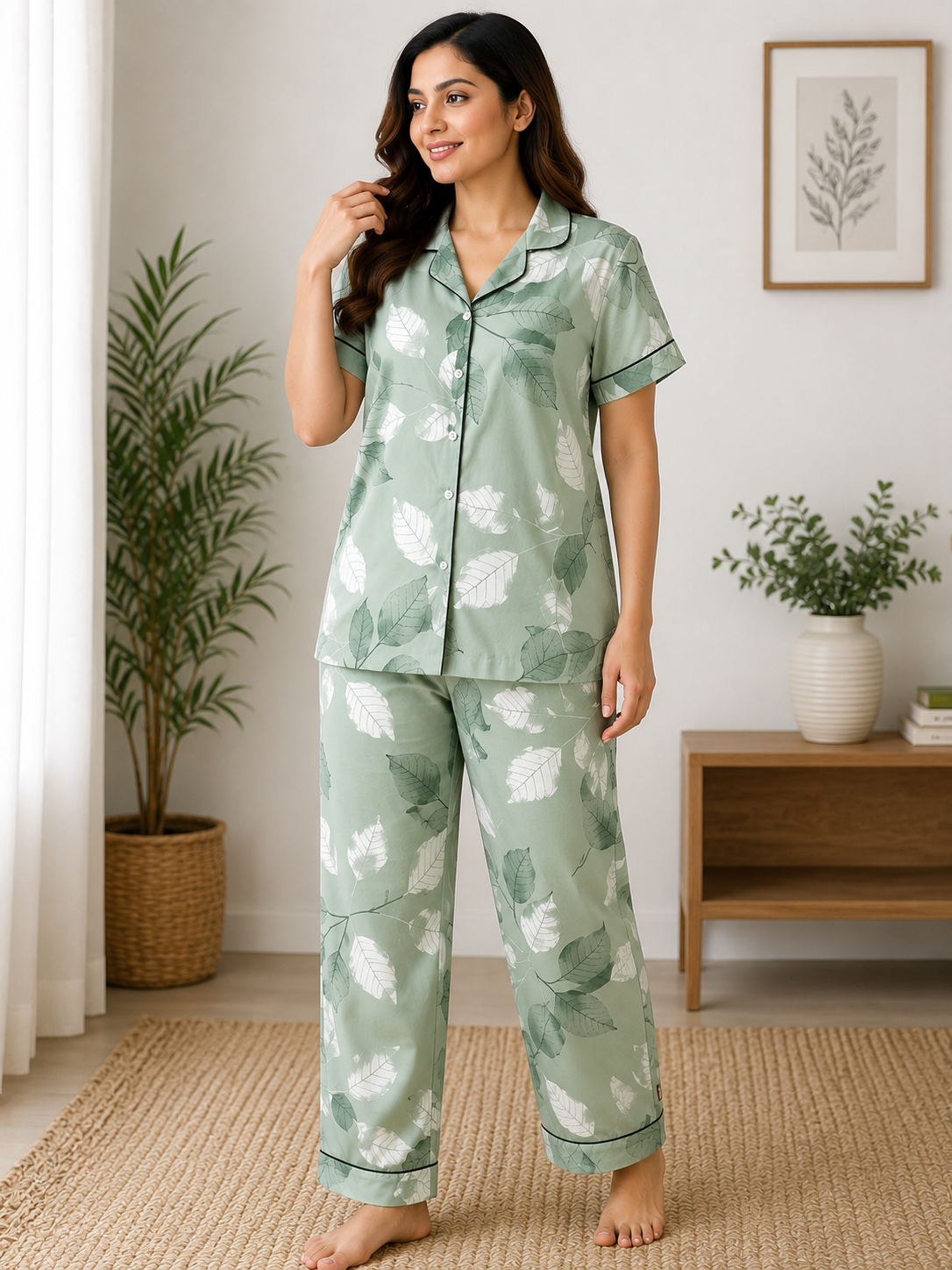 Premium Alfain Mint Green Botanical Co-ord Set,With Button-down front, notch collar, contrast black piping, elasticated waist.