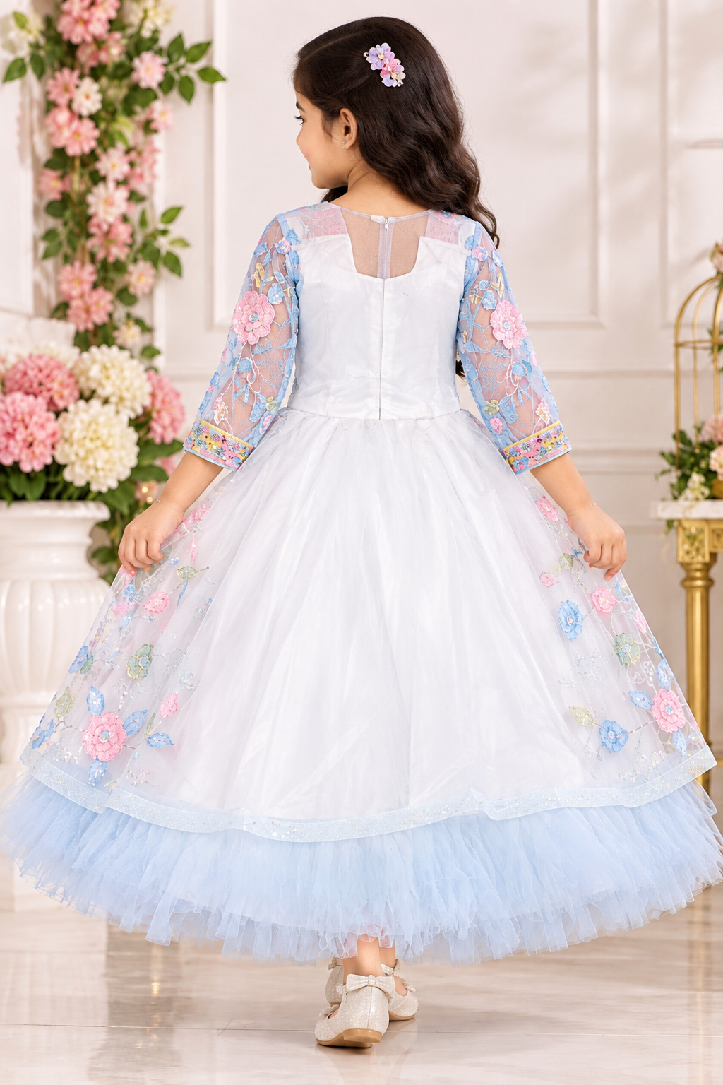 Girls White Floral Embellished Party Long Frock