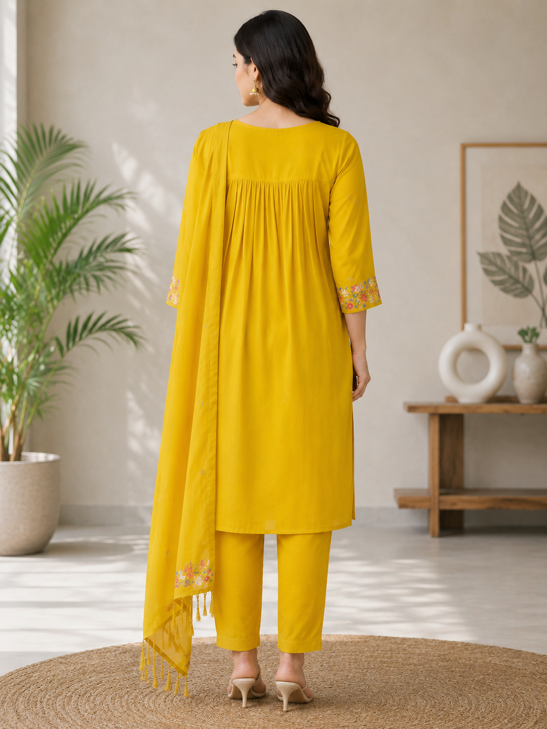 Elegant Olive Green Mull Chanderi Embroidered 3-Piece Kurti Set
