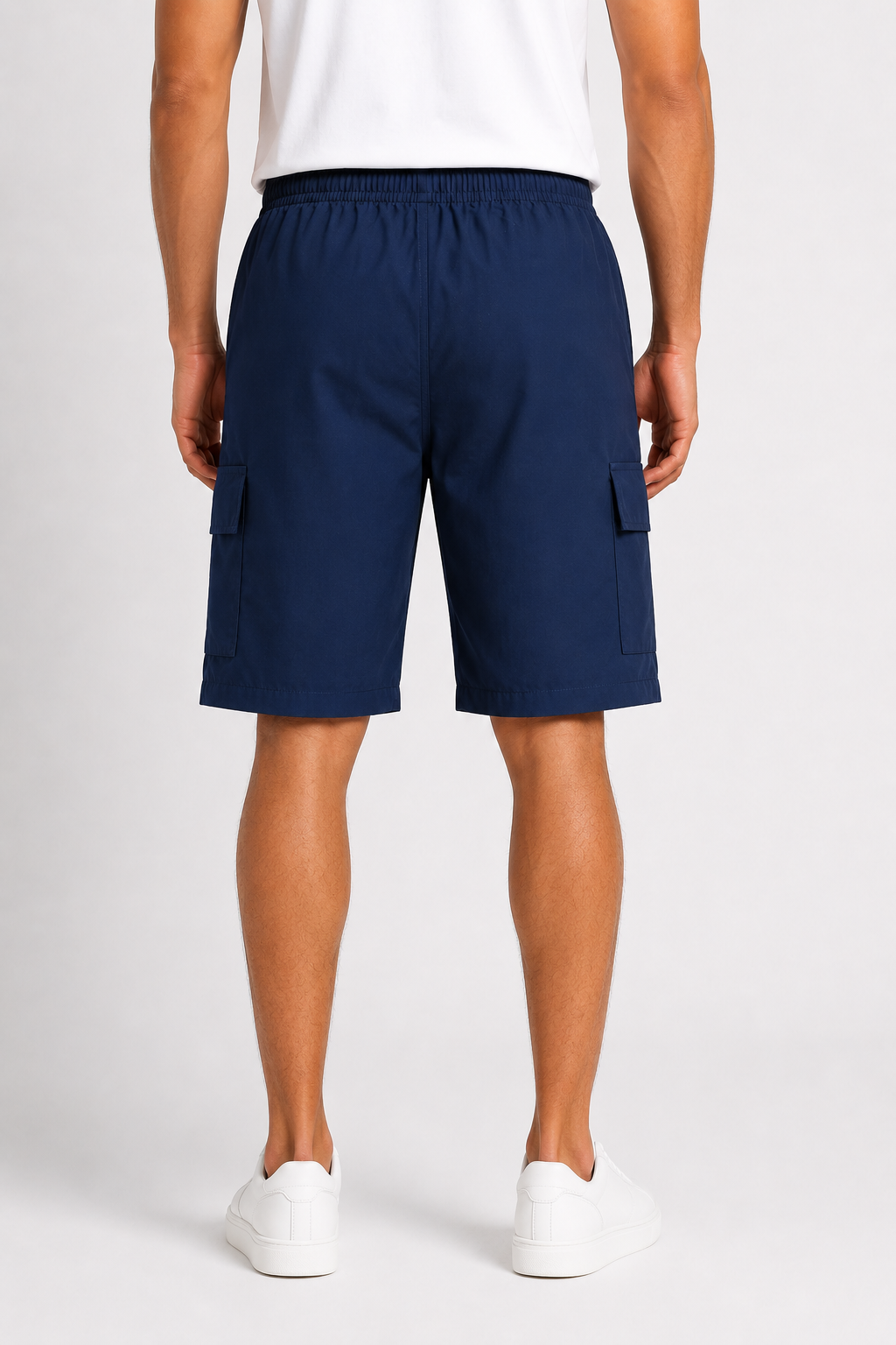 Men’s Navy Blue Cotton Cargo Shorts with Elastic Waist & Flap Pockets