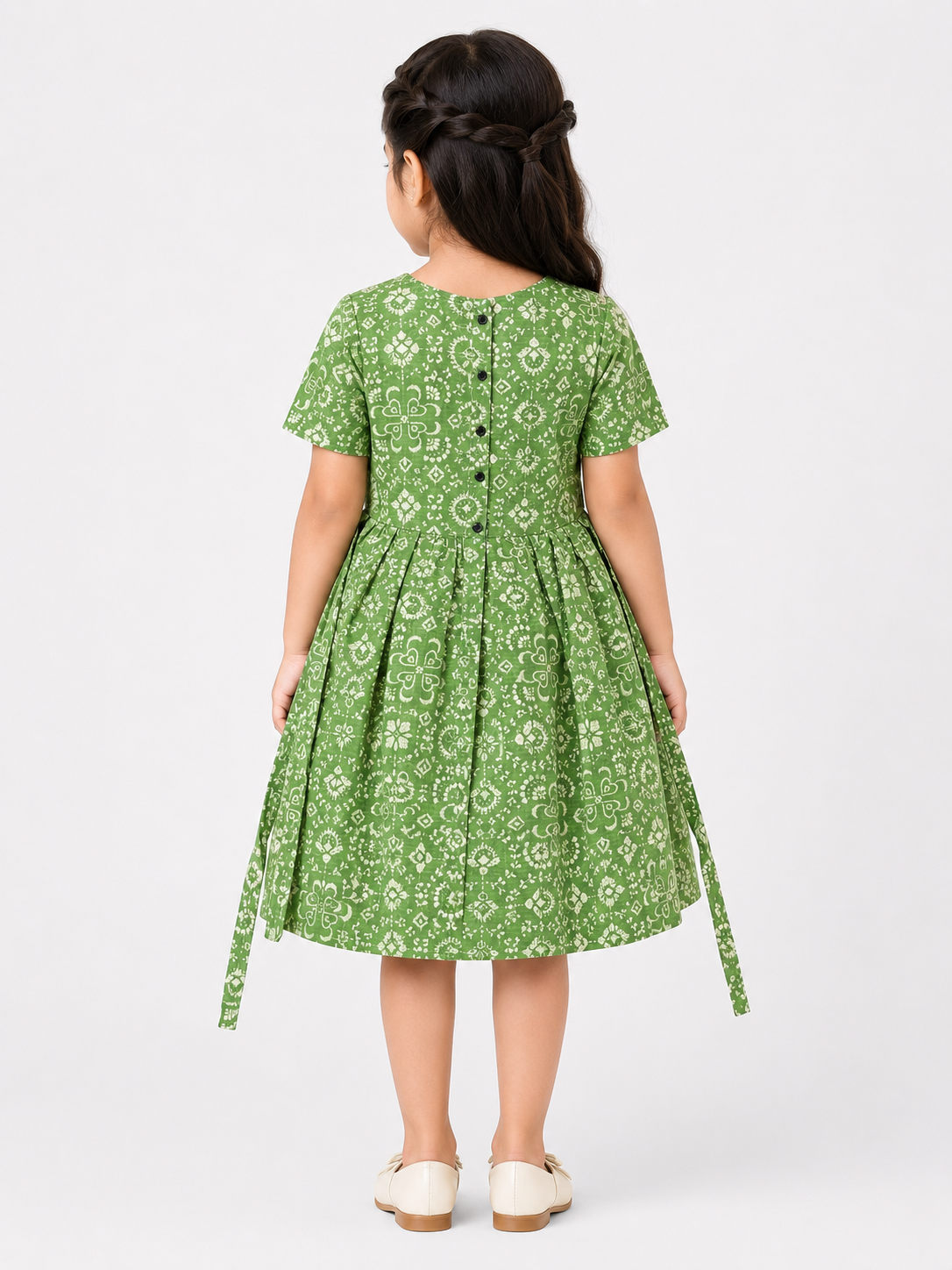 Teen Colours Green Geometric Print Cotton Dress for Girls