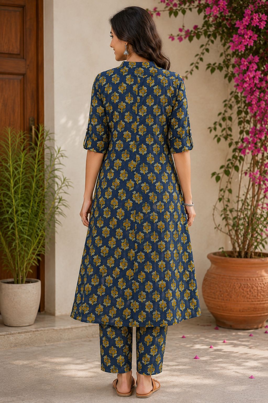 Women's Premium Navy Blue Cotton Floral Print 2-Piece KurtiSet with Chinese Collar, Front Open Buttons, A-Line Princess Cut Top & Straight Pant